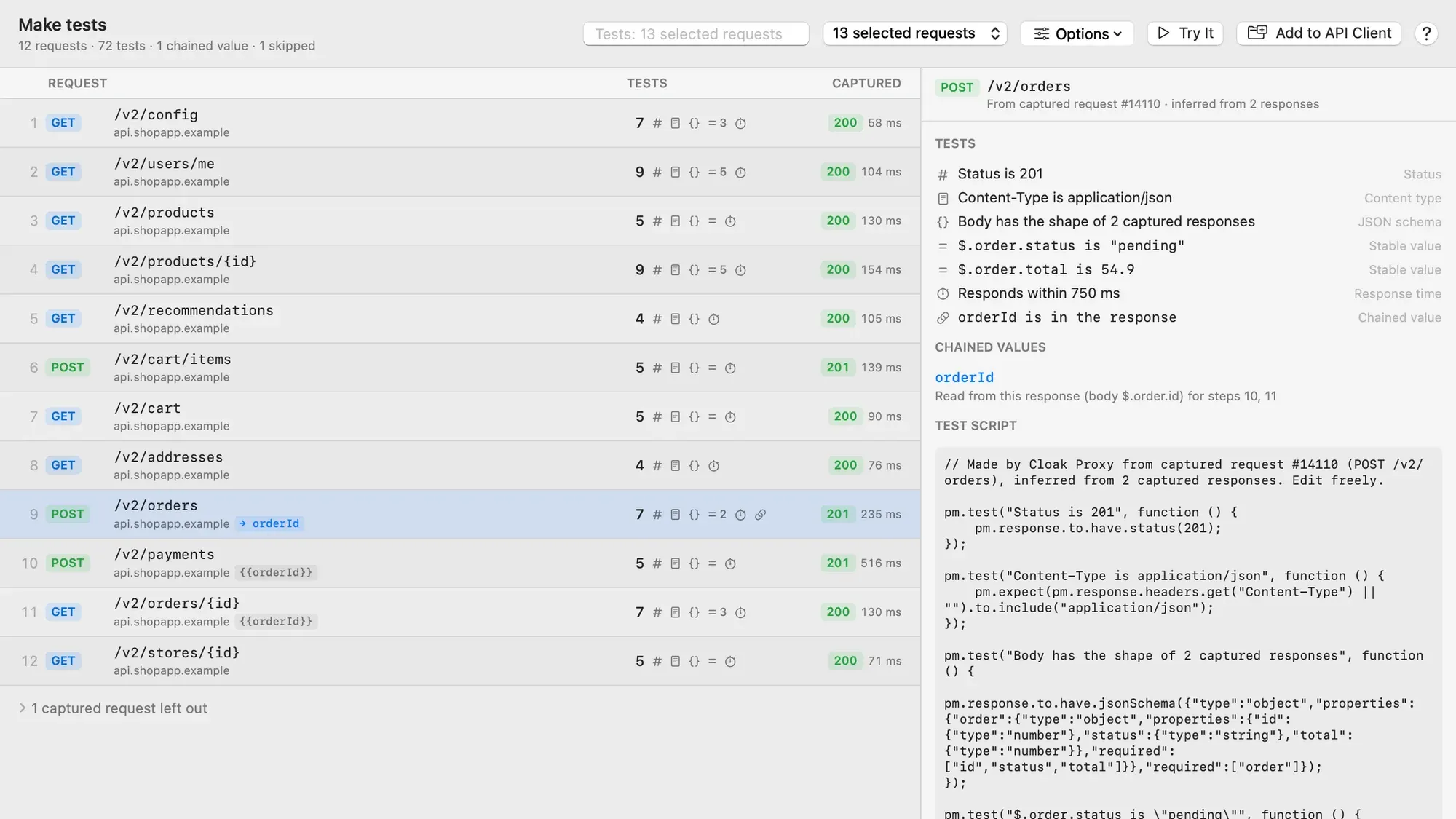 The Make Tests window for 13 selected requests from a ShopApp checkout: 12 requests, 72 tests, 1 chained value and 1 skipped. Each row shows the step number, method and path, chips such as → orderId on POST /v2/orders and {{orderId}} on POST /v2/payments and GET /v2/orders/{id}, the number of tests with an icon per kind, and the captured status and time. The selected POST /v2/orders shows its tests — Status is 201, Content-Type is application/json, Body has the shape of 2 captured responses, $.order.status is pending, $.order.total is 54.9, Responds within 750 ms, orderId is in the response — the chained value orderId read from body $.order.id for steps 10 and 11, and the generated test script.