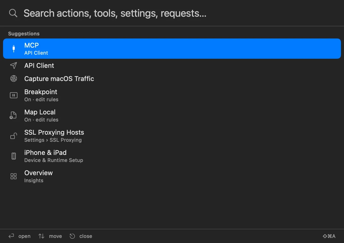 The Search Everything panel with suggestions such as MCP, API Client, Capture macOS Traffic, Breakpoint, Map Local, SSL Proxying Hosts, iPhone & iPad and Insights Overview