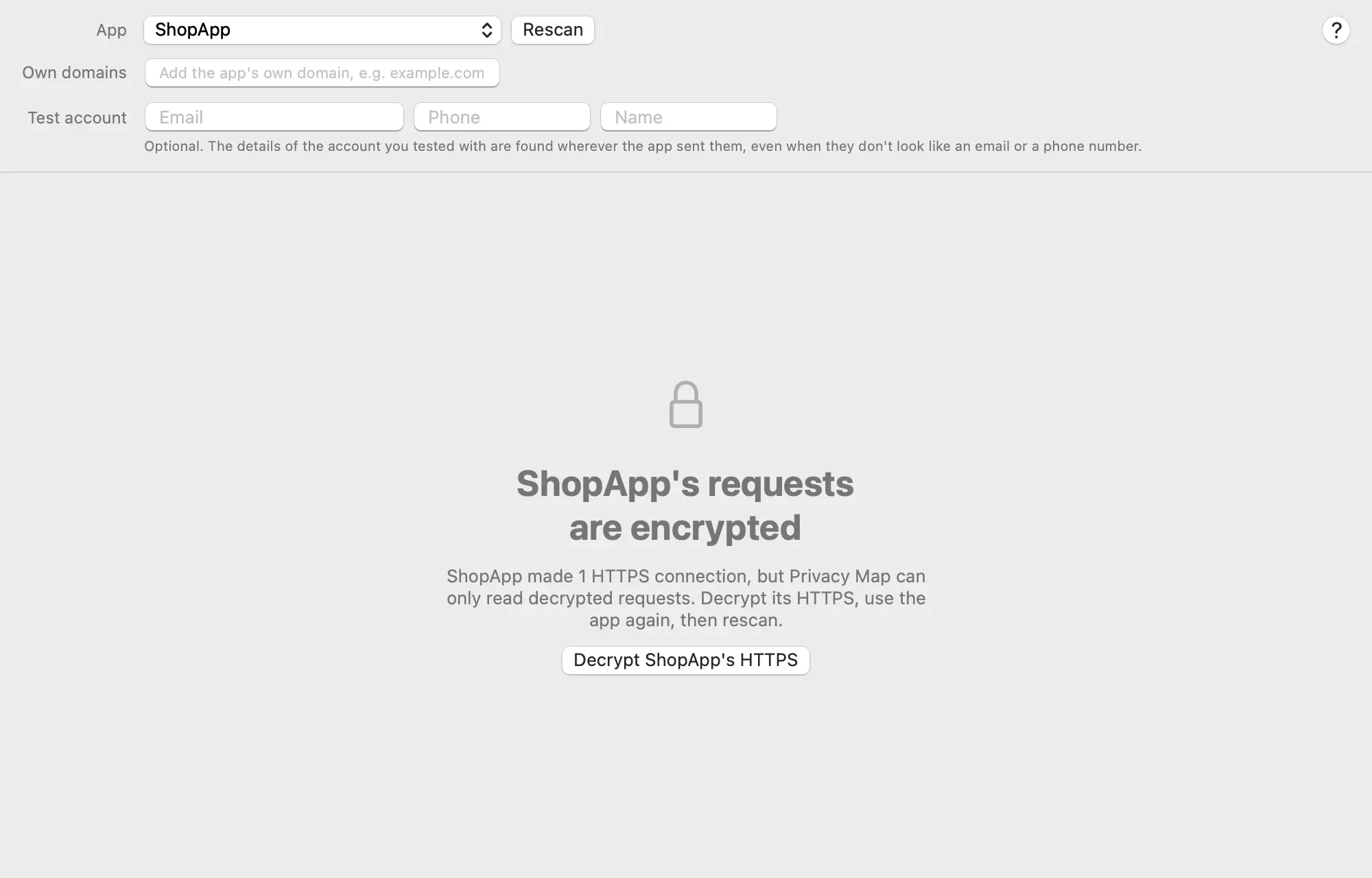Privacy Map for ShopApp with a lock and the message ShopApp's requests are encrypted: ShopApp made 1 HTTPS connection, but Privacy Map can only read decrypted requests. Below it, the button Decrypt ShopApp's HTTPS
