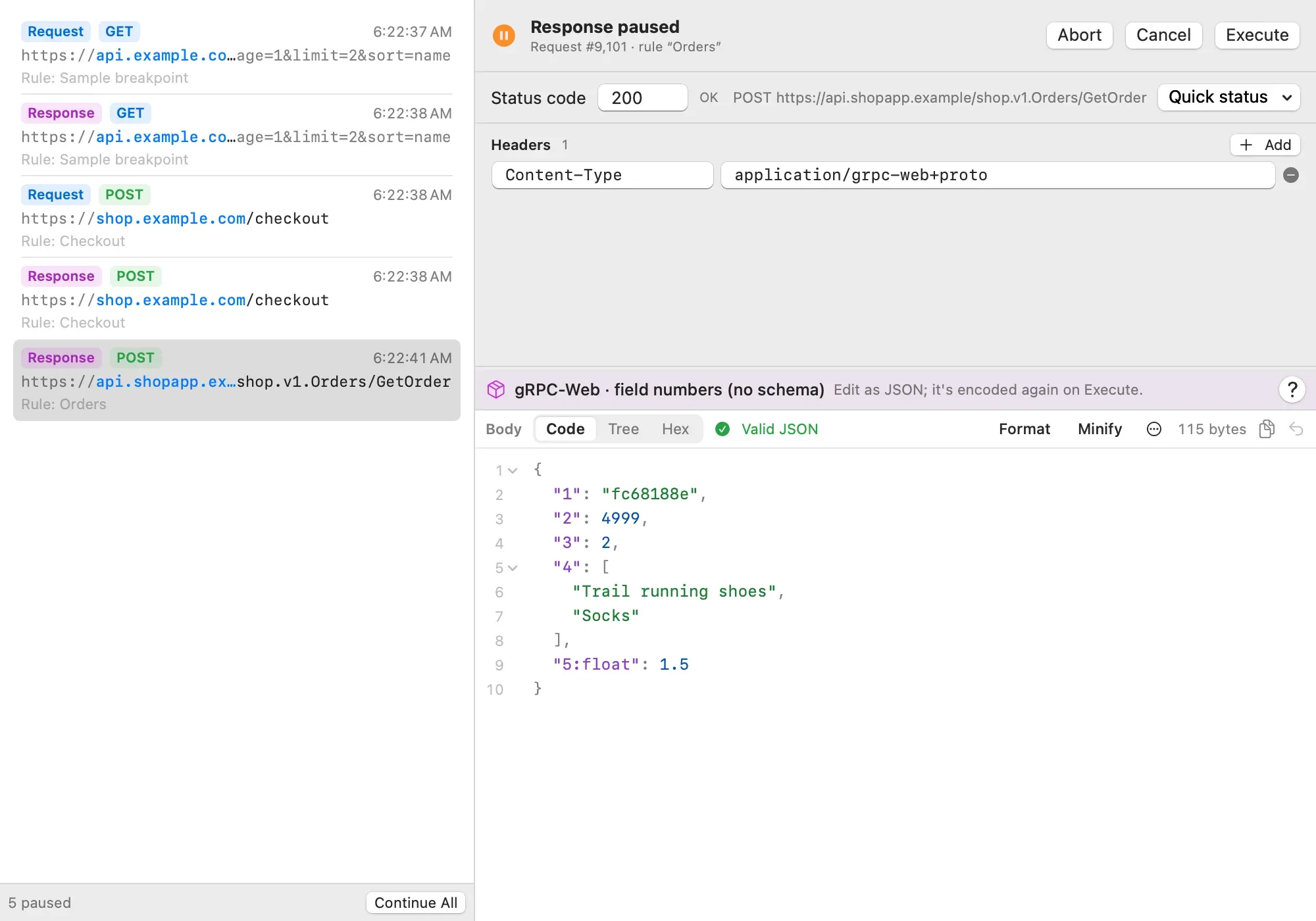 The Breakpoint window with a paused gRPC-Web response from shop.v1.Orders/GetOrder. A purple bar says gRPC-Web, field numbers (no schema), Edit as JSON; it's encoded again on Execute. Below, the body as JSON: 1 is fc68188e, 2 is 4999, 3 is 2, 4 is a list of Trail running shoes and Socks, and 5:float is 1.5.
