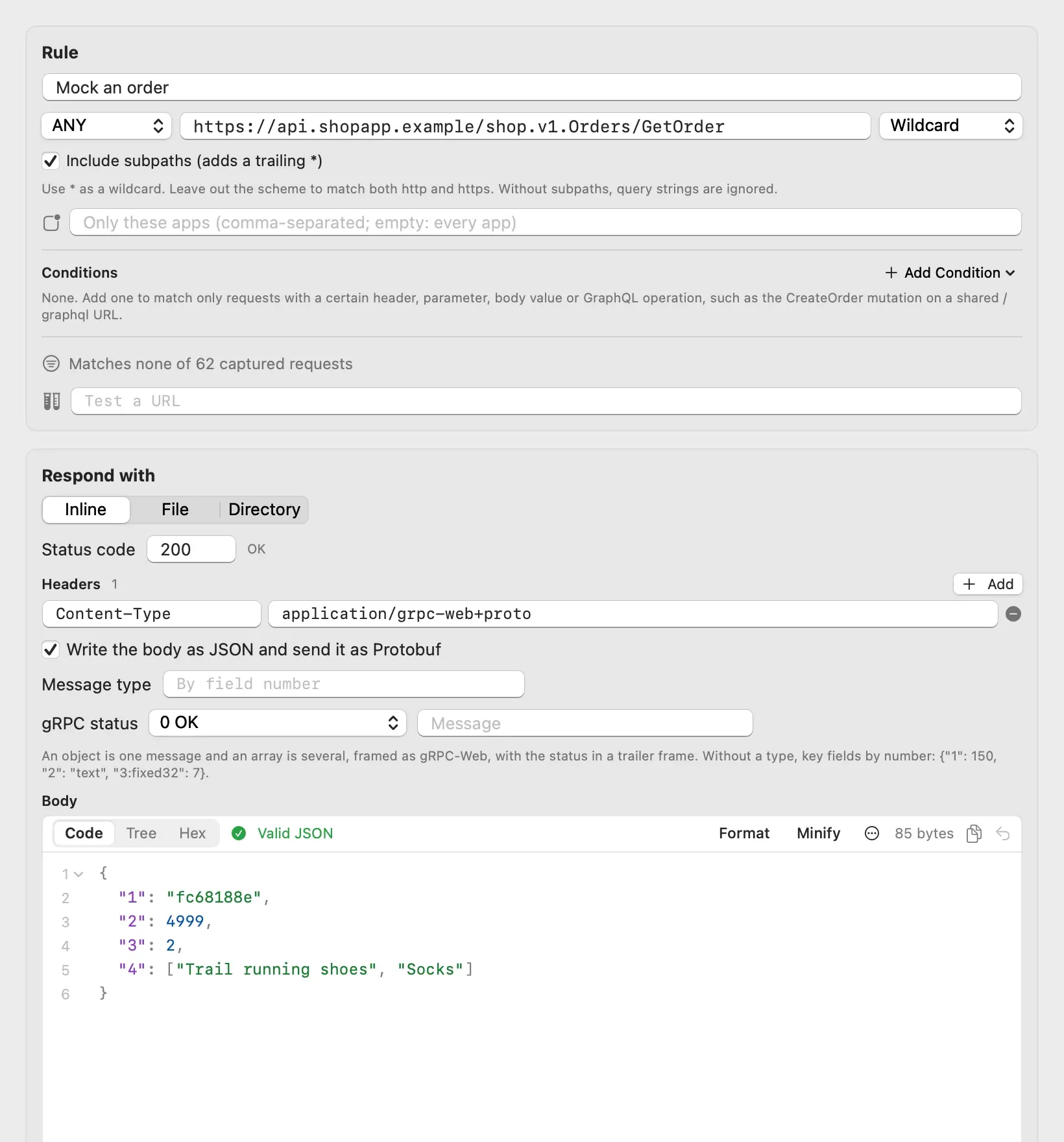 A Map Local rule for shop.v1.Orders/GetOrder answering with Content-Type application/grpc-web+proto, the option Write the body as JSON and send it as Protobuf turned on, Message type empty (by field number), gRPC status 0 OK, and the body as JSON with fields 1 to 4.