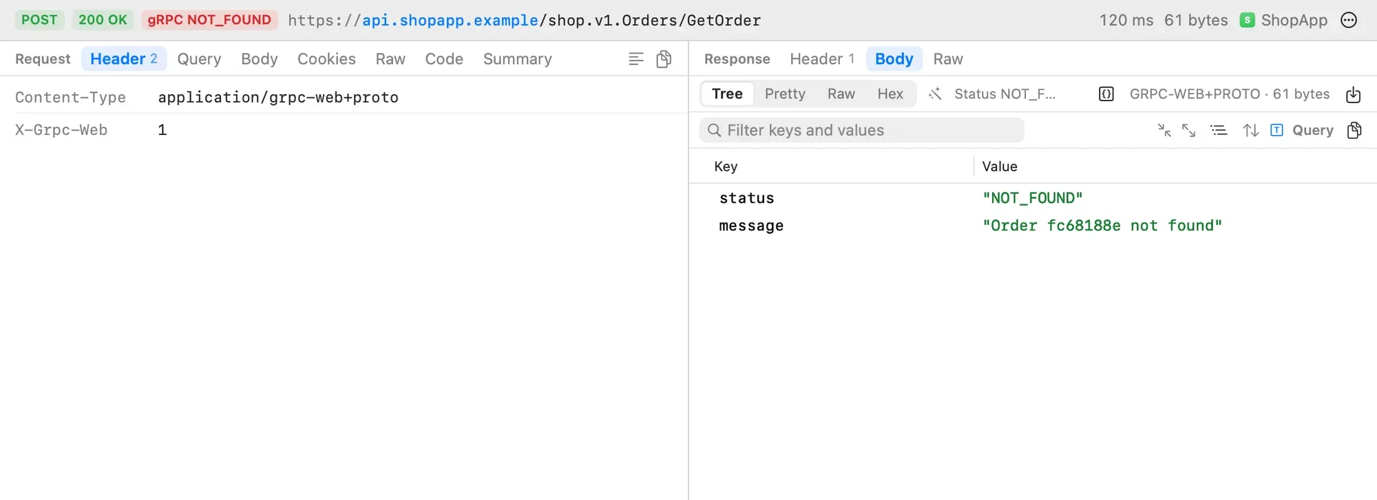The inspector of a gRPC-Web call: a 200 OK pill next to a red gRPC NOT_FOUND pill, and a body showing status NOT_FOUND and message Order fc68188e not found.