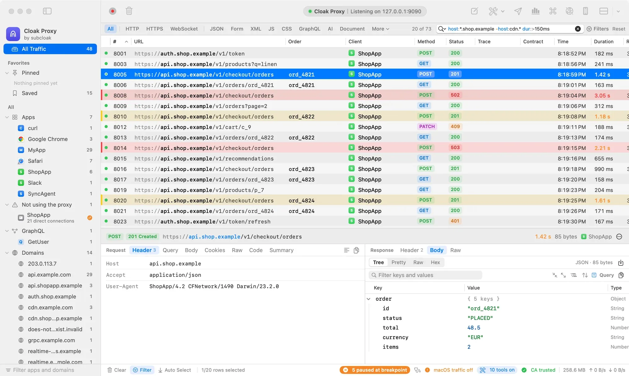 The traffic list filtered by the query host:*.shop.example -host:cdn.* dur:>150ms, typed in the quick filter with the field names in blue and the negation in orange. An Order column shows order IDs such as ord_4821, server errors are tinted red and slow checkouts yellow