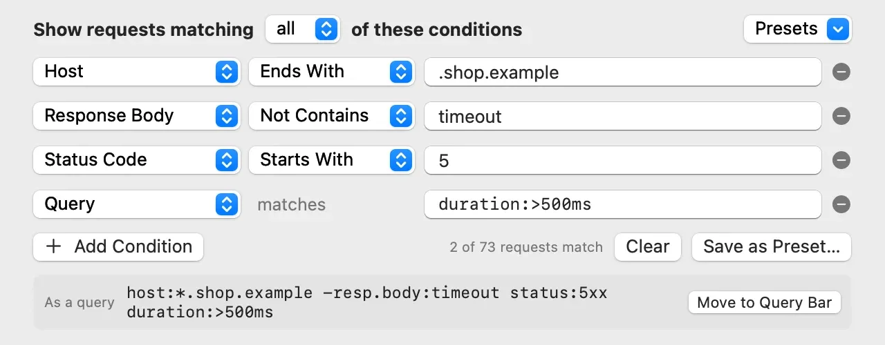 The Multiple Filters panel with four conditions: Host ends with .shop.example, Response Body not contains timeout, Status Code starts with 5, and a Query row with duration:>500ms. Below them: As a query host:*.shop.example -resp.body:timeout status:5xx duration:>500ms, and a Move to Query Bar button