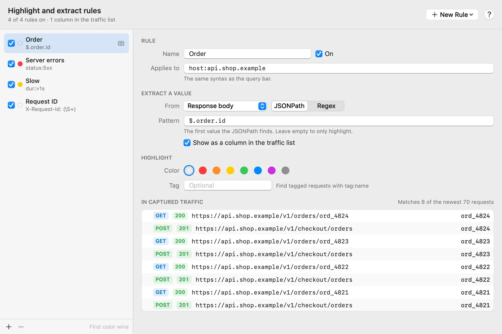 The Highlight and Extract Rules window. A list of four rules on the left: Order, Server errors in red, Slow in yellow and Request ID. The Order rule is selected: it applies to host:api.shop.example, extracts $.order.id from the response body by JSONPath and shows as a column. Below, the captured requests it matches with their order IDs