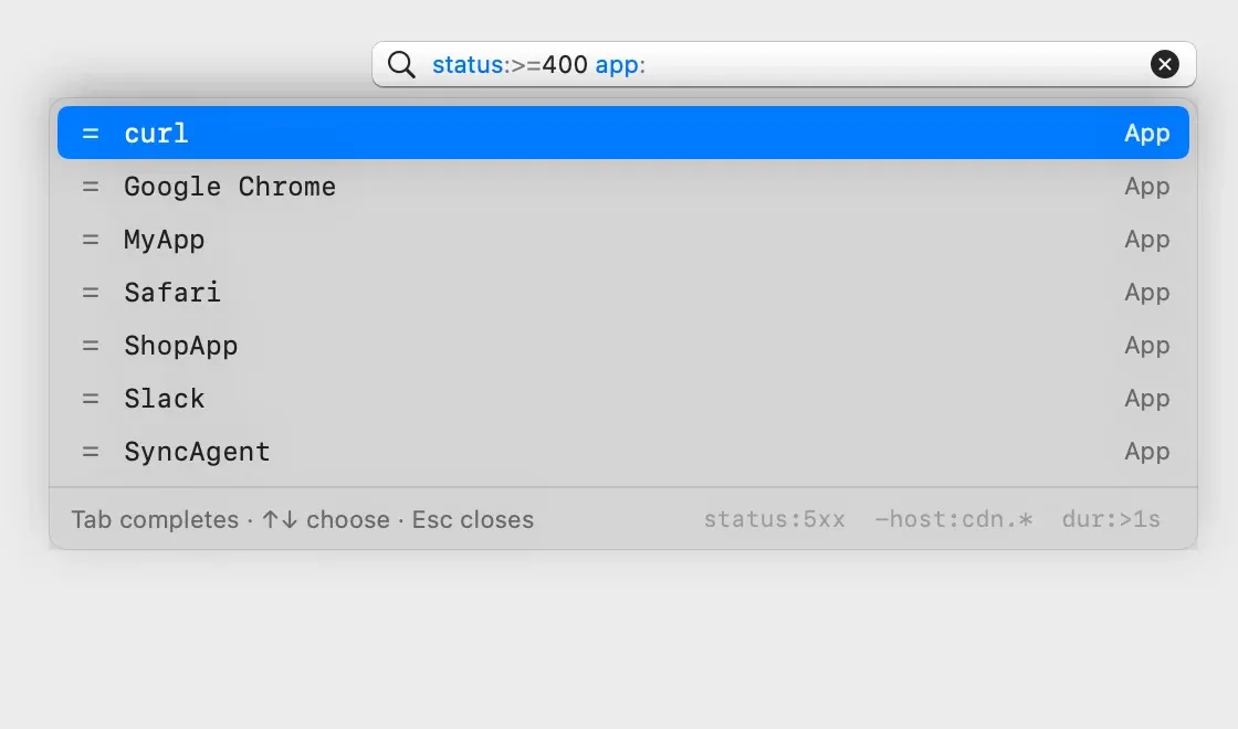 The query bar with status:>=400 app: typed and a list of the session's apps under it: curl, Google Chrome, MyApp, Safari, ShopApp, Slack and SyncAgent