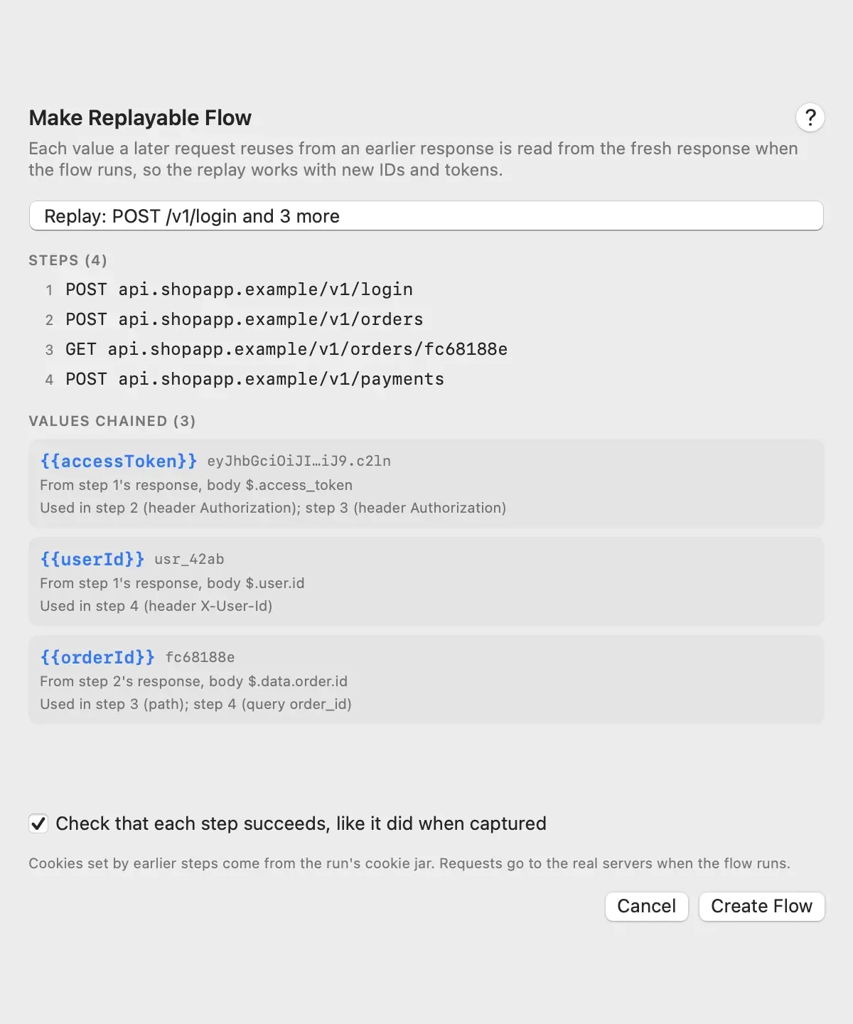 The Make Replayable Flow sheet for four ShopApp requests: log in, create an order, get the order and pay, with three chained values, accessToken from step 1's body $.access_token used in the Authorization header of steps 2 and 3, userId from step 1 used in the X-User-Id header of step 4, and orderId from step 2's body $.data.order.id used in the path of step 3 and the order_id query parameter of step 4
