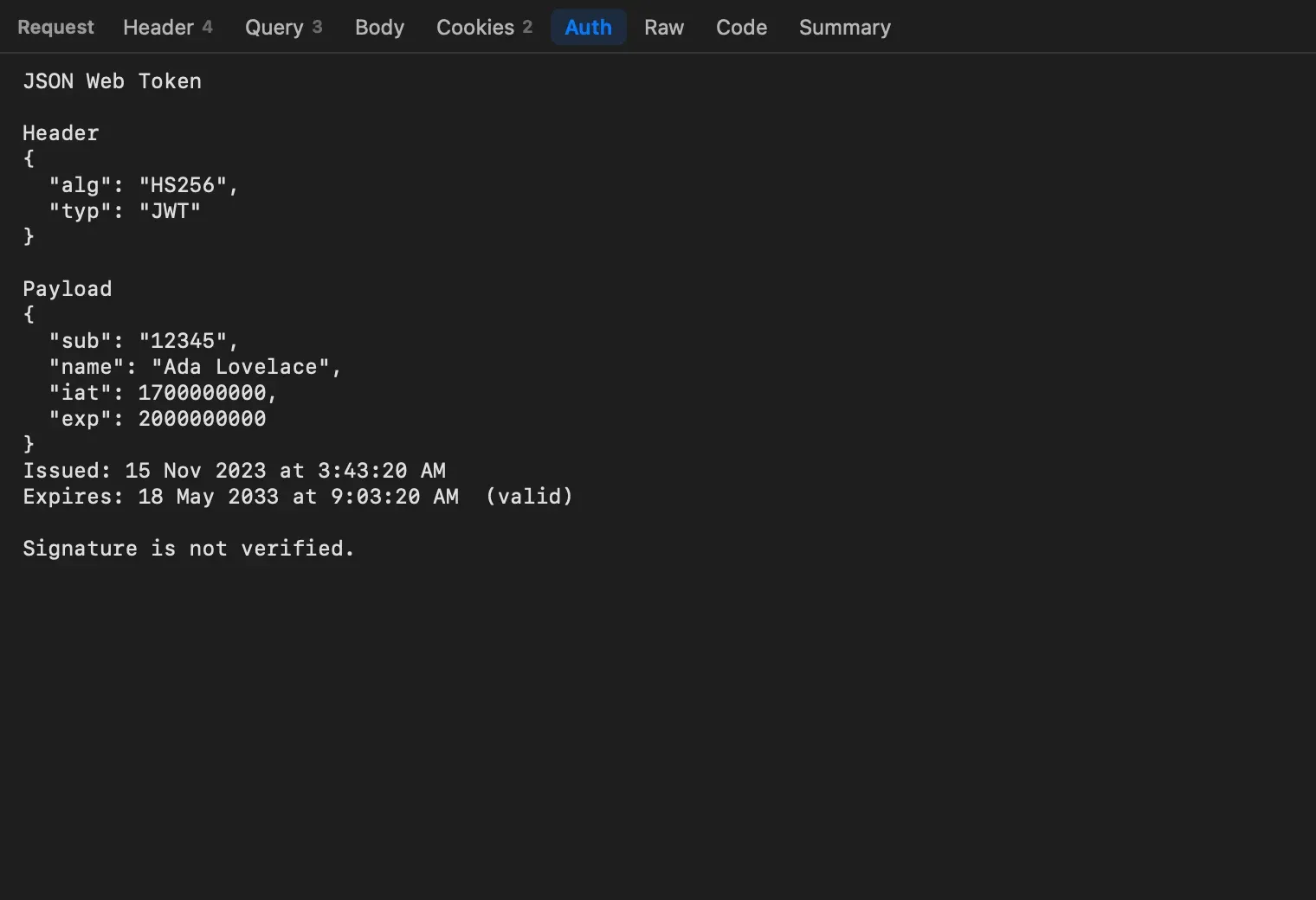 The Auth tab decoding a JSON Web Token: header with alg HS256 and typ JWT, payload with sub, name, iat and exp, issued and expiry dates marked valid, and the note Signature is not verified