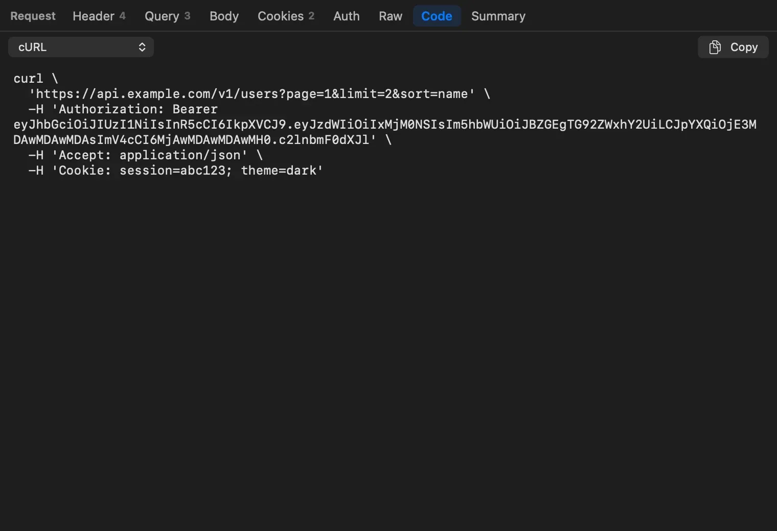 The Code tab with cURL selected, showing a curl command with the URL and Authorization, Accept and Cookie headers, and a Copy button