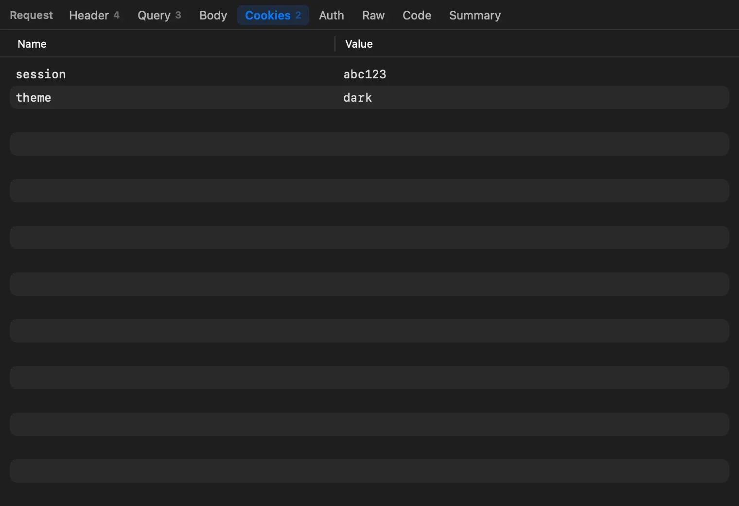 The request Cookies tab listing session abc123 and theme dark