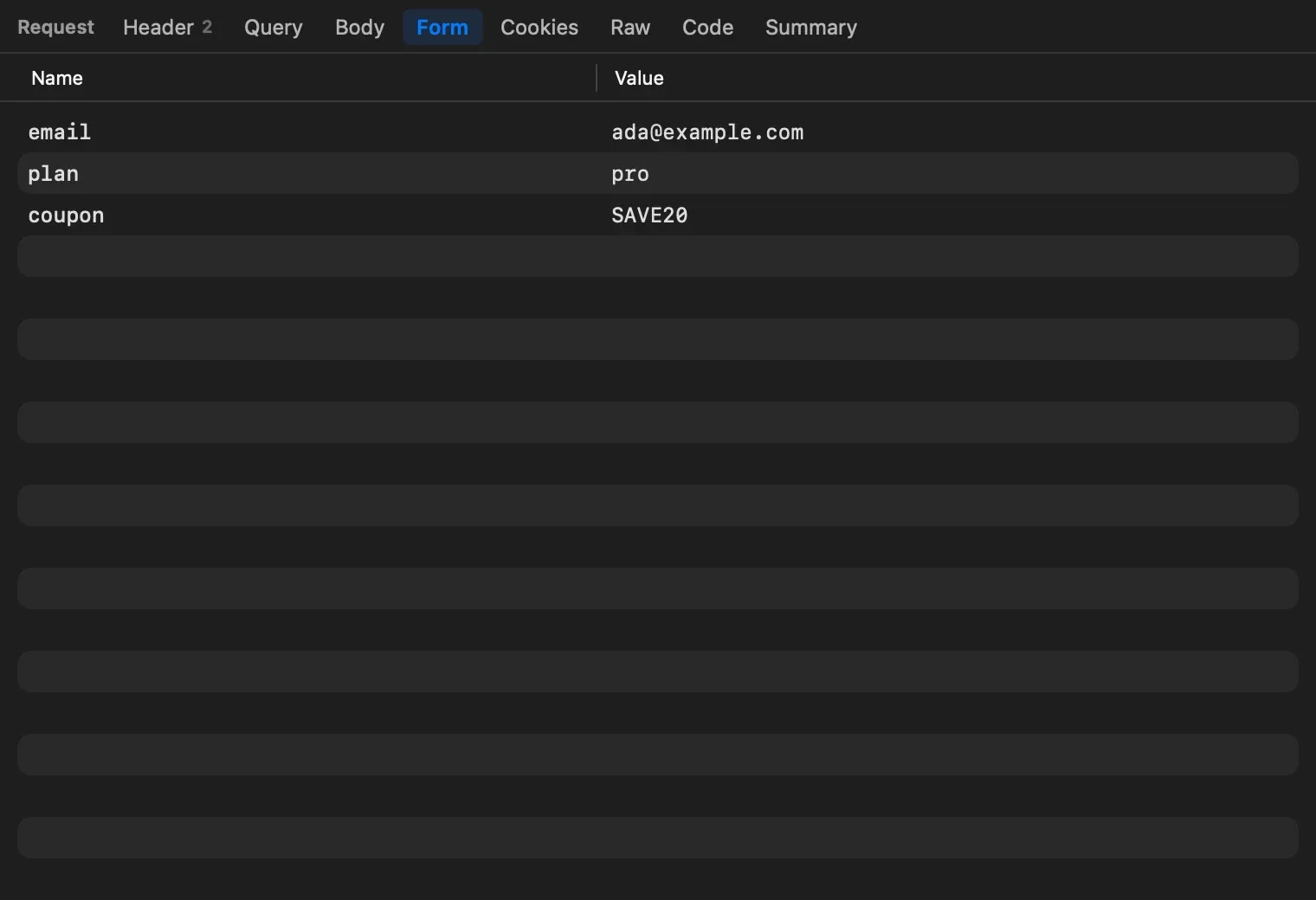 The Form tab listing email ada@example.com, plan pro and coupon SAVE20