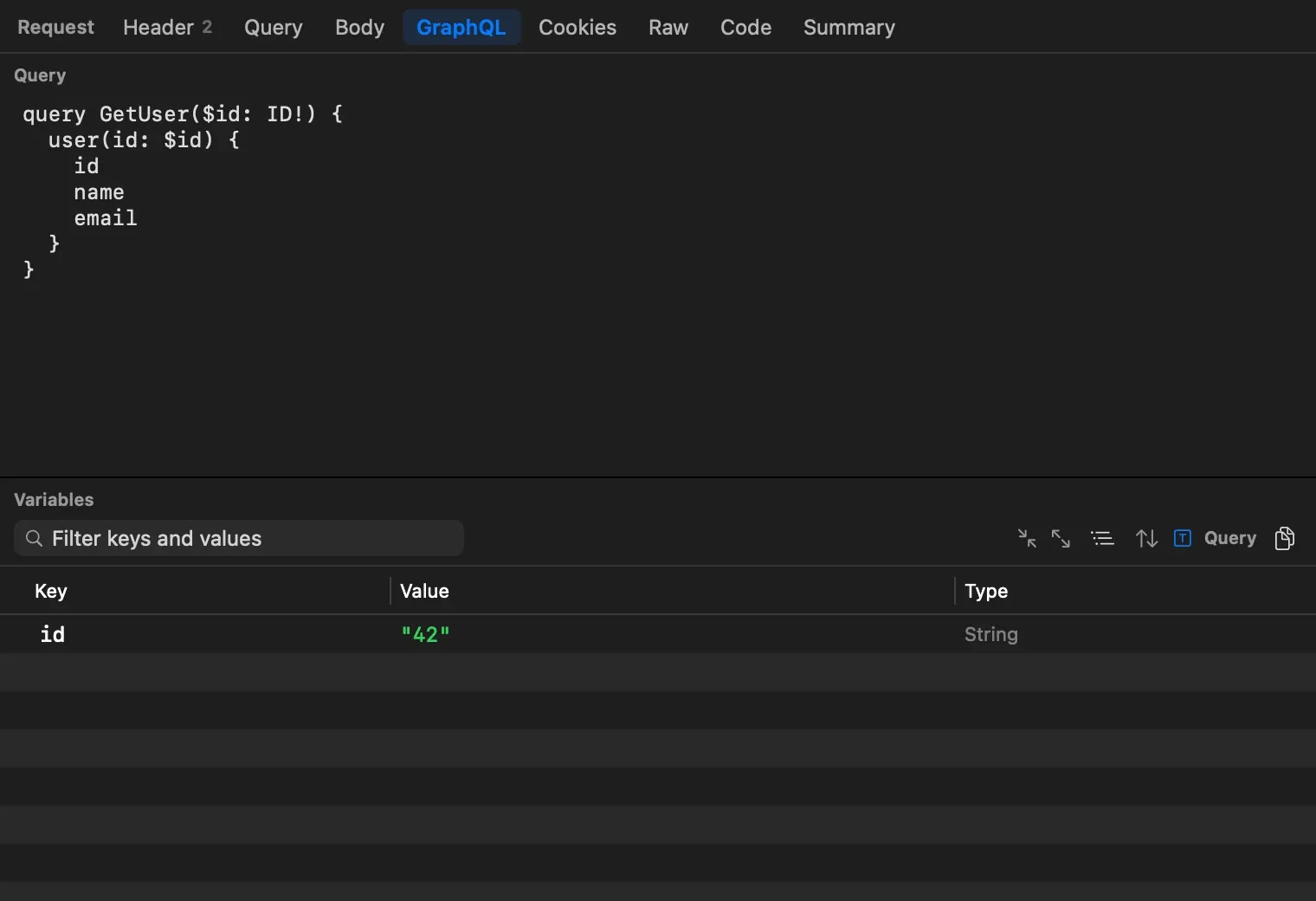 The GraphQL tab: the query GetUser with an id variable, formatted over several lines, above a Variables tree with id set to the string 42
