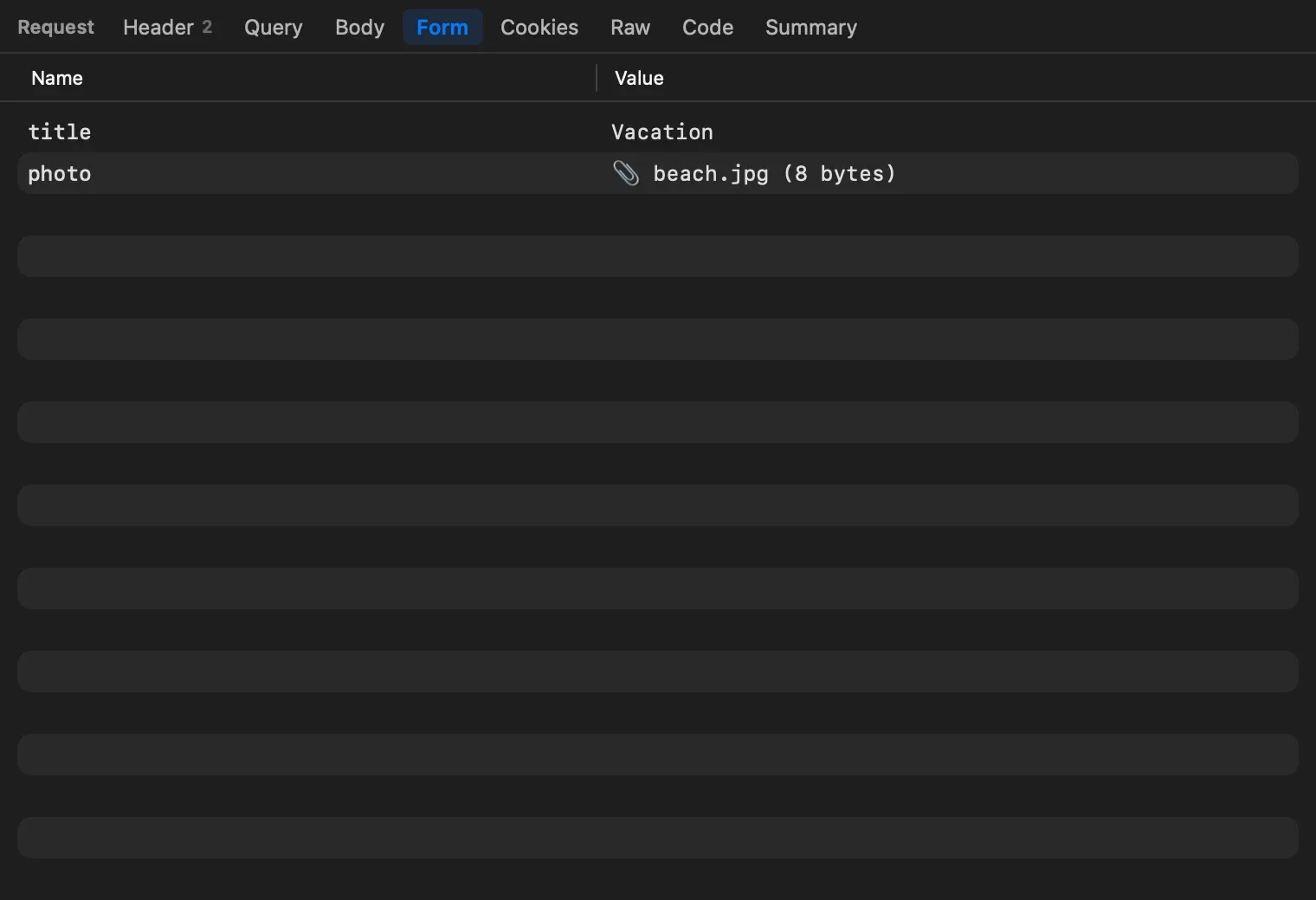 The Form tab for a multipart upload: title Vacation, and photo shown as a paperclip with beach.jpg (8 bytes)