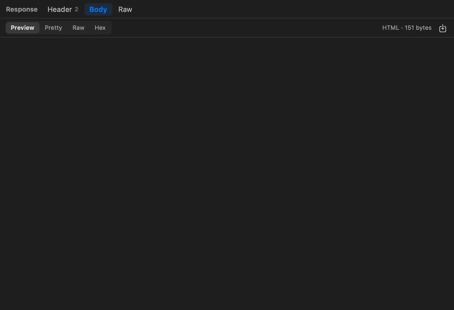 An HTML response body with the Preview, Pretty, Raw and Hex buttons and the label HTML · 151 bytes