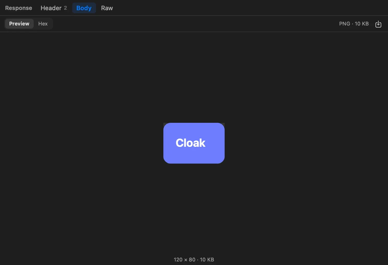 A PNG response shown in Preview, with the caption 120 × 80 · 10 KB
