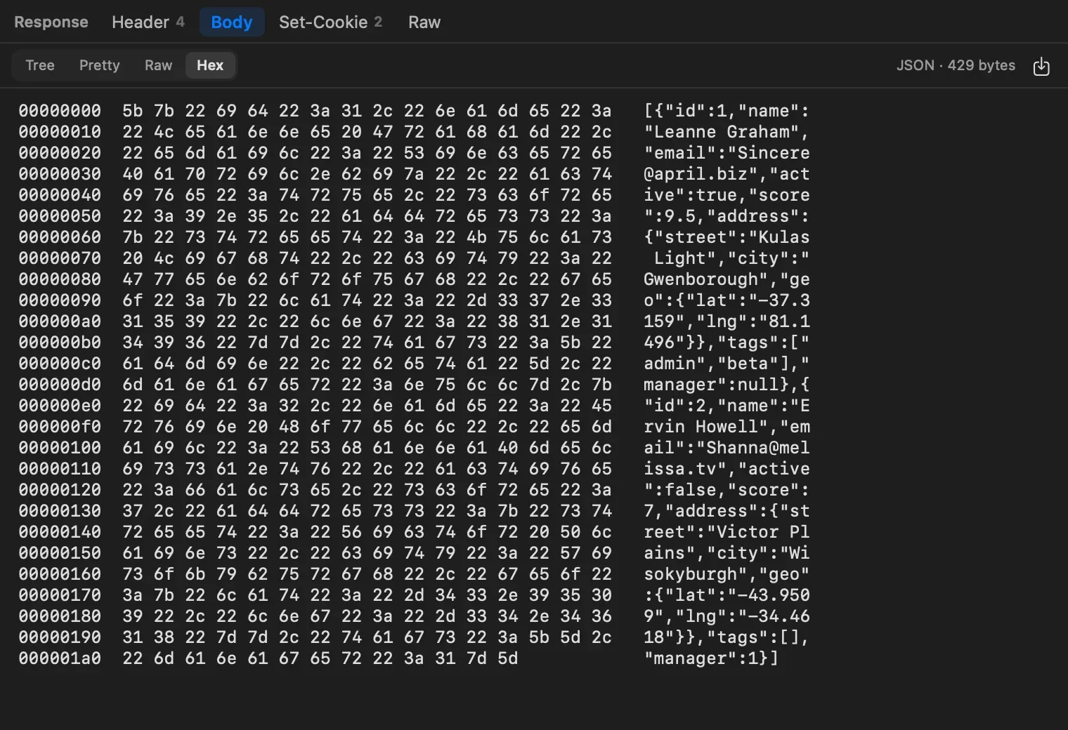 A JSON response in the Hex view: offsets on the left, sixteen hex bytes per row, and the matching ASCII text on the right