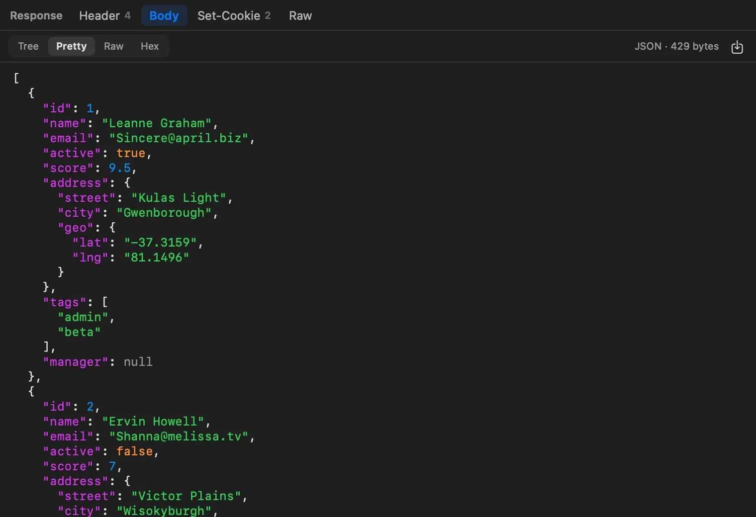 A JSON response in the Pretty view: an indented array of two user objects with colored keys and values