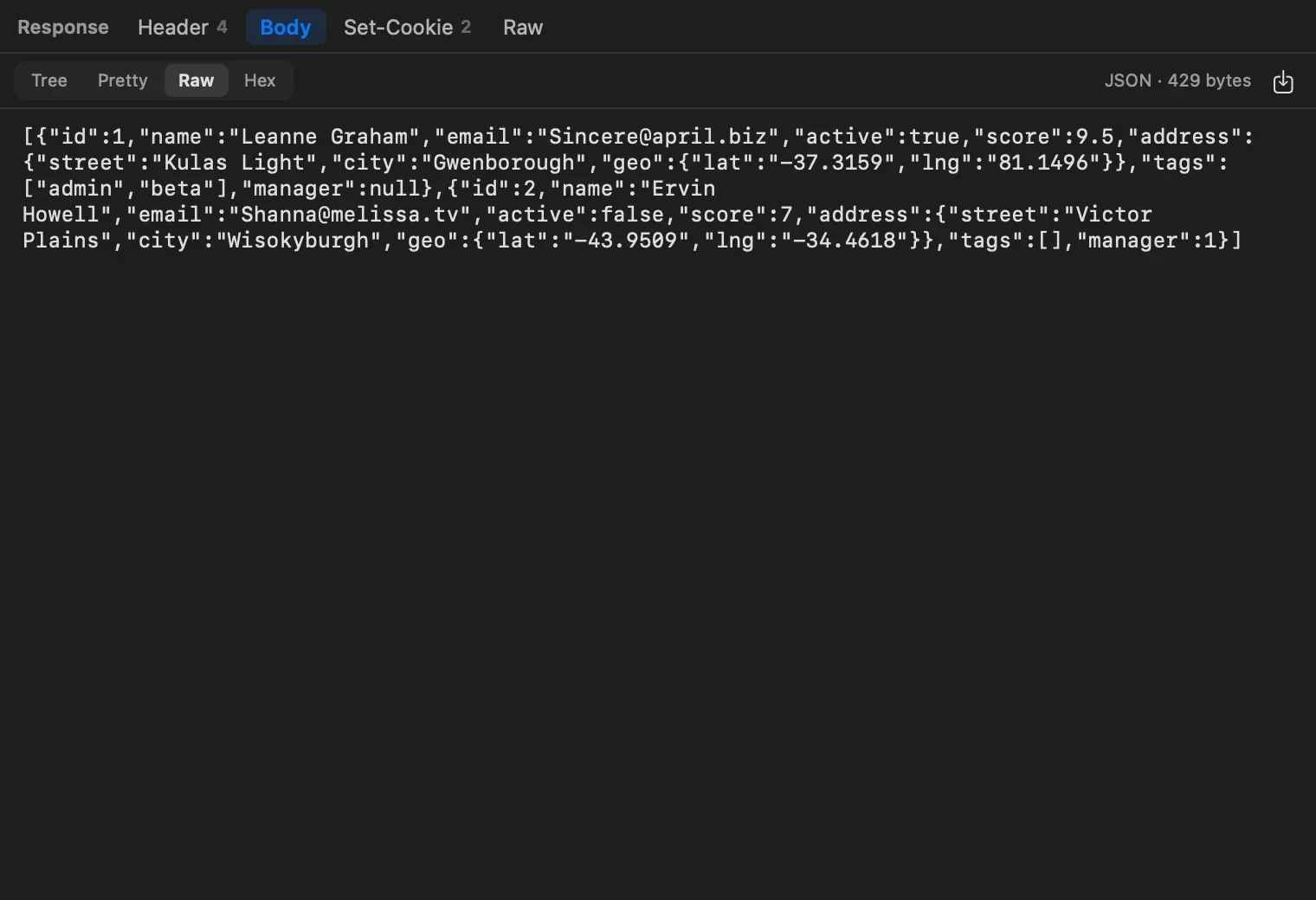 A JSON response in the Raw view: the minified JSON array wrapped across several lines