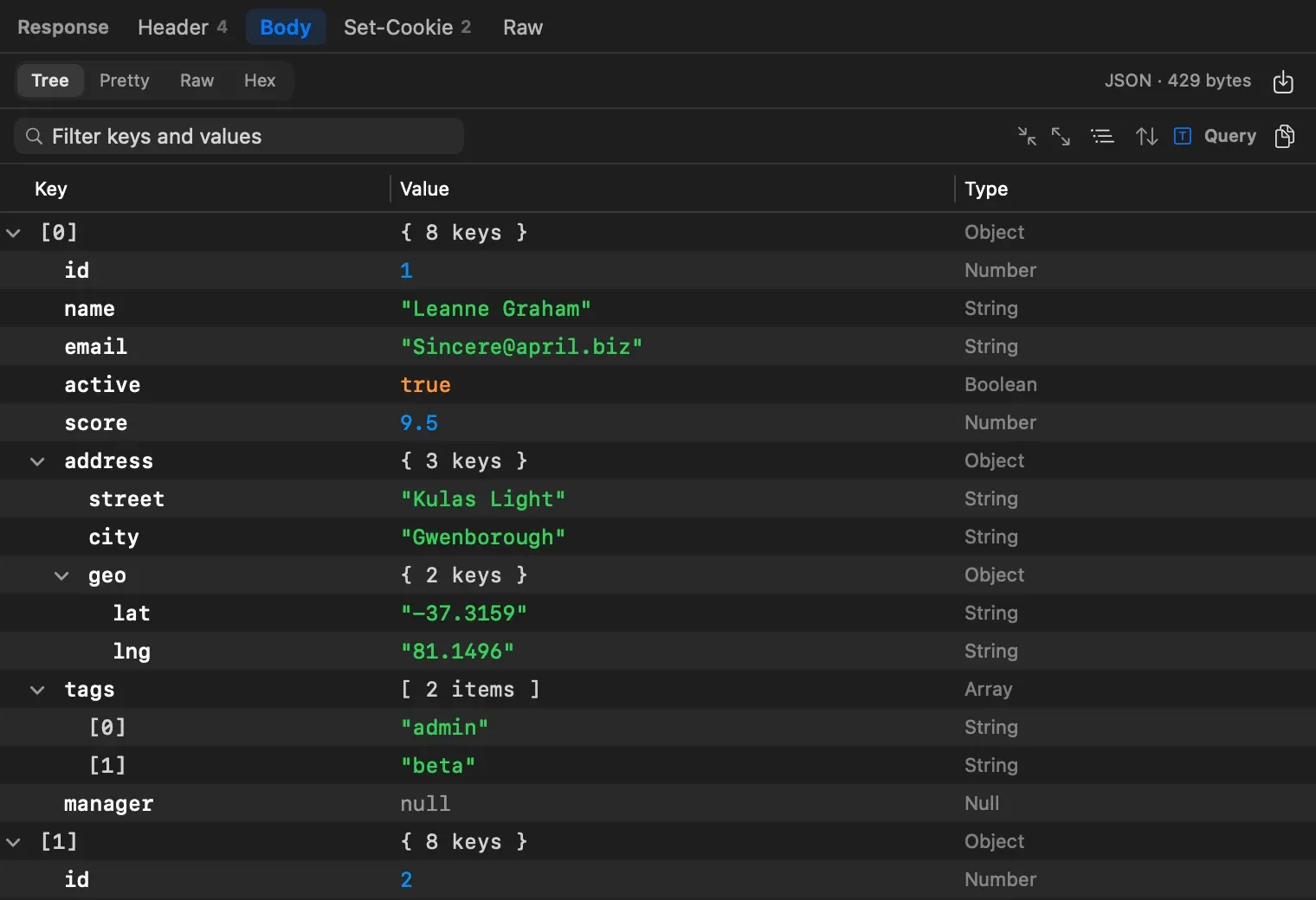 A JSON response body in the Tree view: a Key, Value and Type outline of two user objects, with the Tree, Pretty, Raw and Hex buttons, a filter field and tree tools above it
