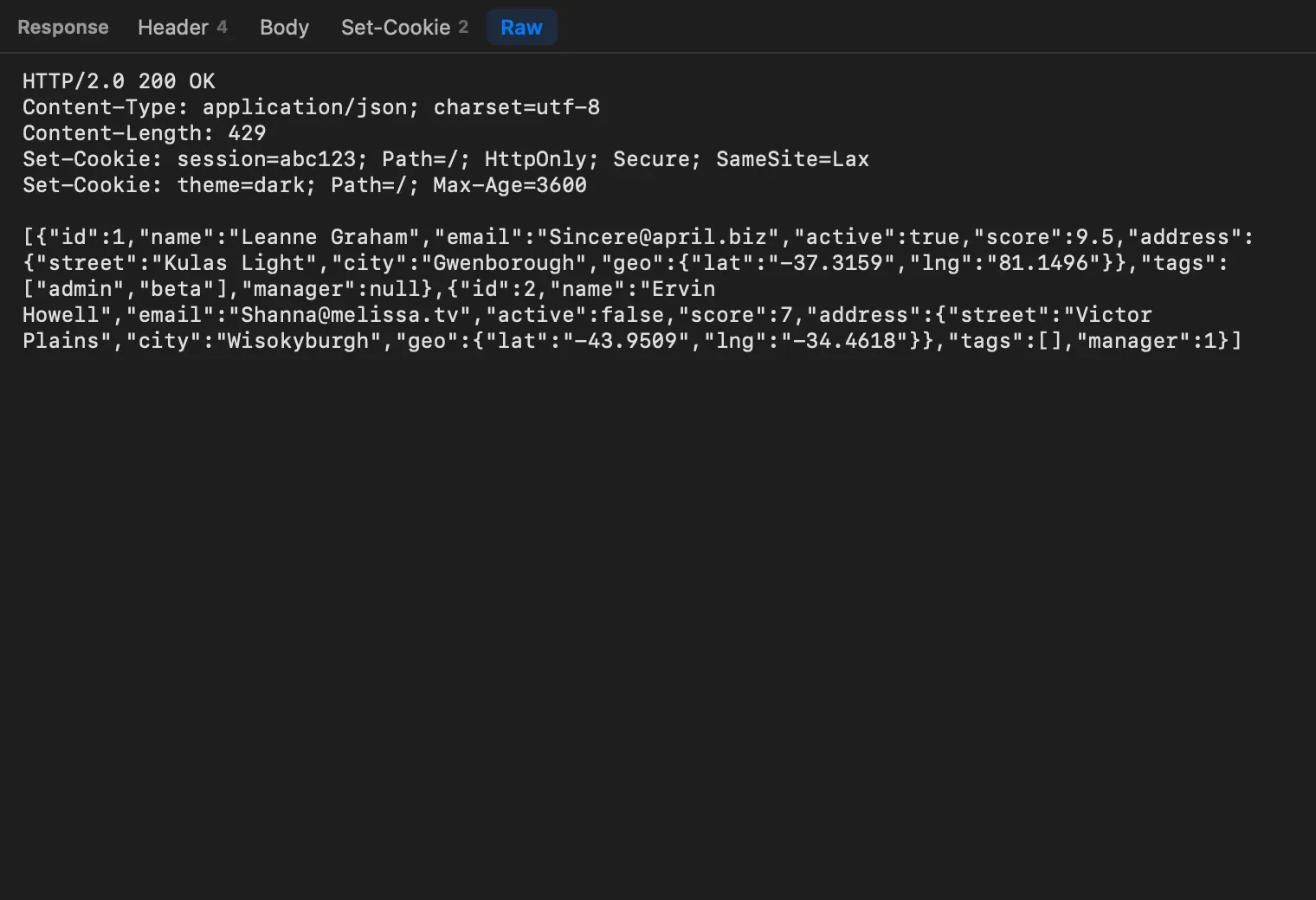 The response Raw tab: HTTP/2.0 200 OK, Content-Type, Content-Length and two Set-Cookie headers, then the JSON body on one line