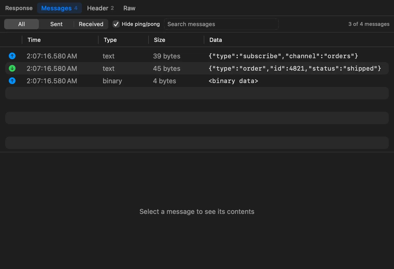 The Messages tab of a WebSocket connection: All, Sent and Received buttons, a Hide ping/pong checkbox, a search field, the count 3 of 4 messages, and a table of a sent subscribe message, a received order message and a sent binary frame
