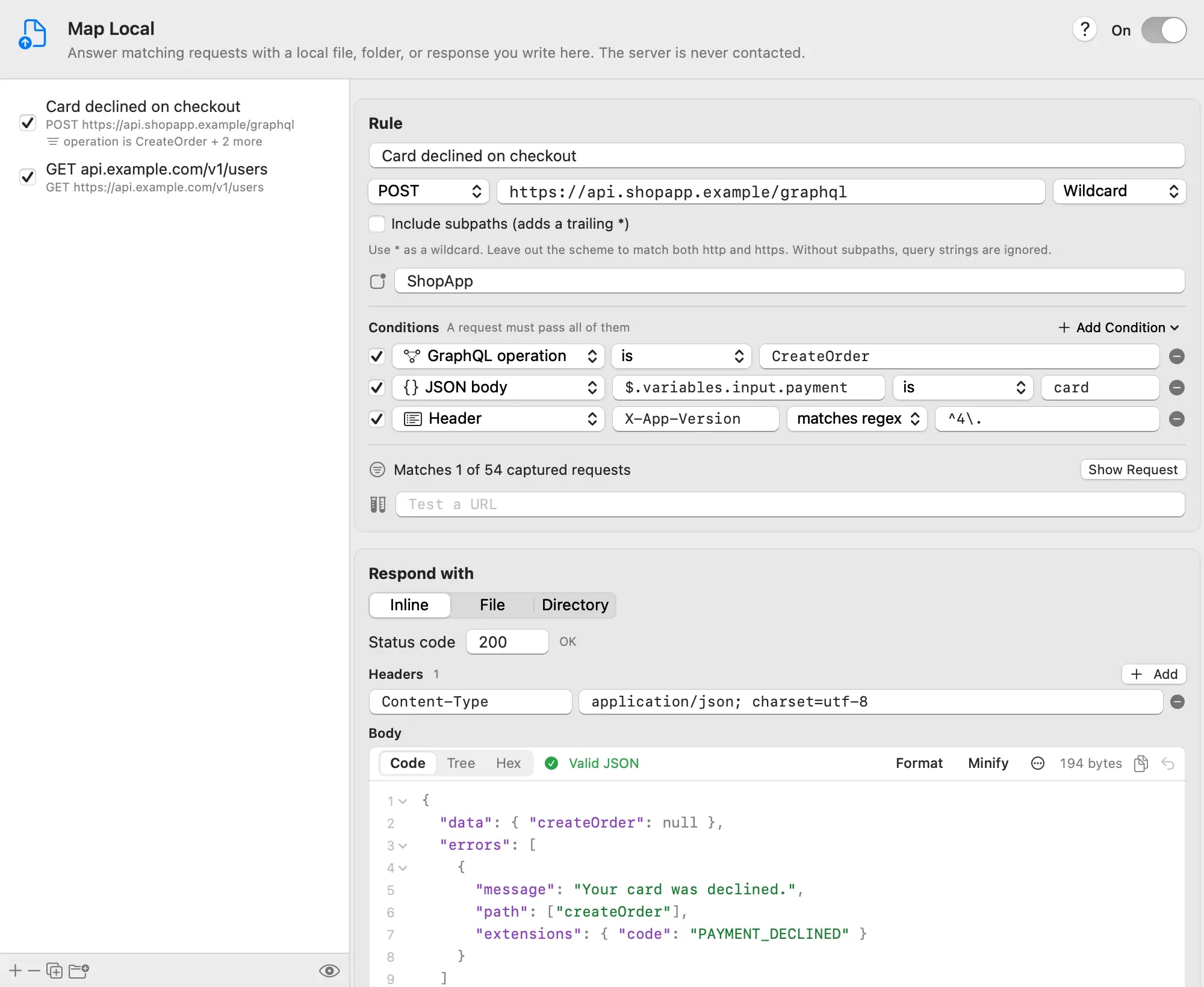 A Map Local rule named Card declined on checkout for POST https://api.shopapp.example/graphql, limited to ShopApp, with three conditions: GraphQL operation is CreateOrder, JSON body $.variables.input.payment is card, and Header X-App-Version matches regex ^4\. Below them: Matches 1 of 54 captured requests, with a Show Request button