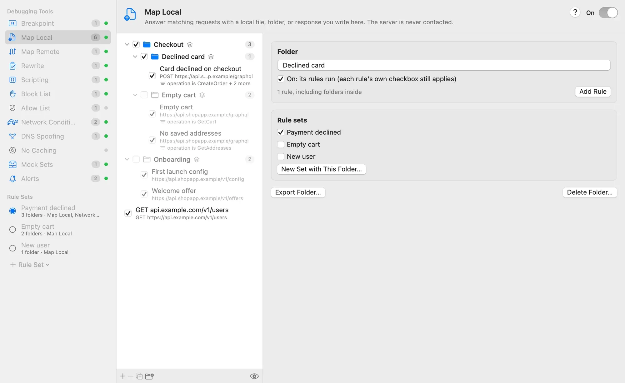 A selected folder, Declined card, with its name, an On checkbox, 1 rule, and a Rule sets section where Payment declined is ticked and Empty cart and New user aren't.