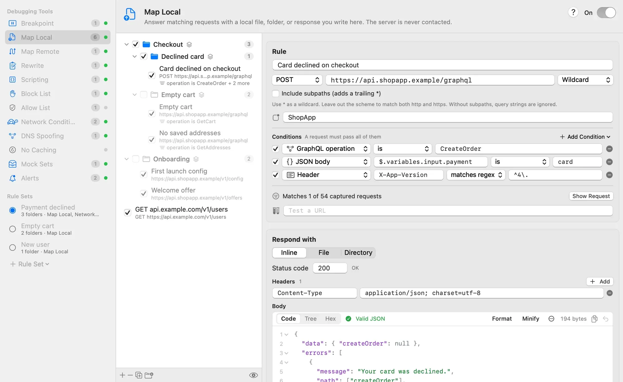 The Tools window on Map Local. The rule list has a Checkout folder containing a Declined card folder with one rule and an Empty cart folder that's off, an Onboarding folder that's off, and a loose rule. The sidebar's Rule Sets section lists Payment declined (selected), Empty cart and New user.