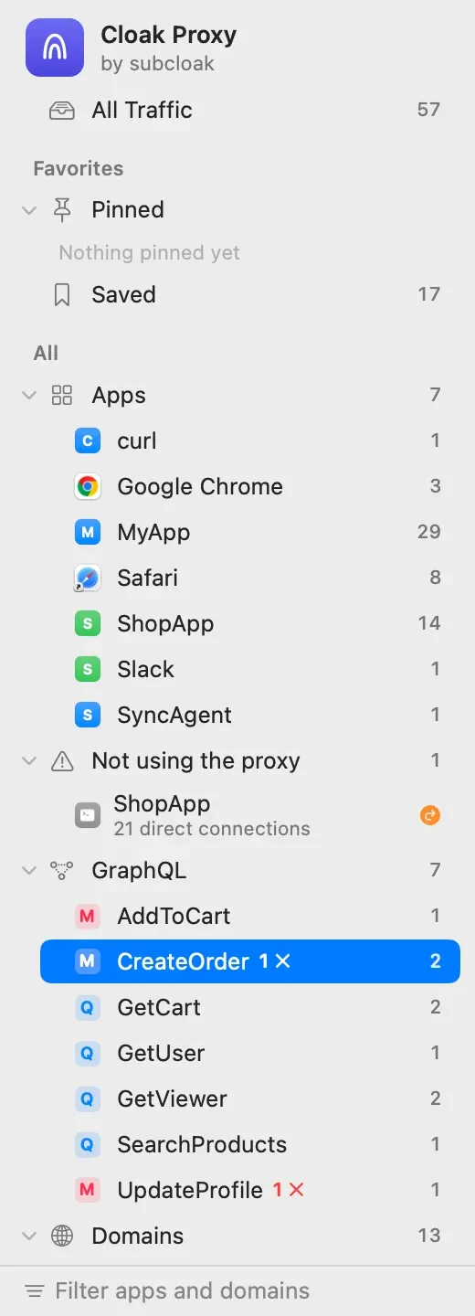 The sidebar's GraphQL group with operations AddToCart, CreateOrder (selected, 1 ✕), GetCart, GetUser, GetViewer, SearchProducts and UpdateProfile (1 ✕), each with a Q or M badge and a count