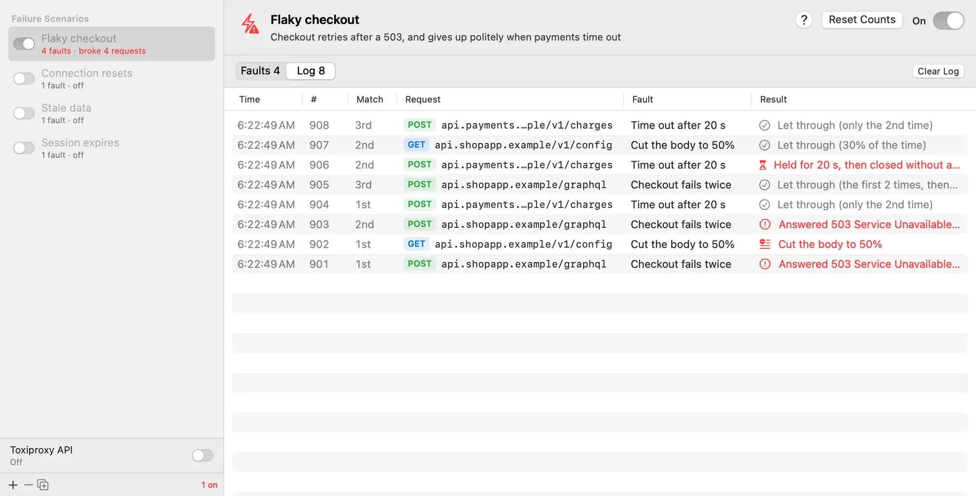 The Log tab: eight rows with time, request number, which match it was (1st, 2nd, 3rd), the request, the fault, and the result, such as Answered 503 Service Unavailable without contacting the server, Held for 20 s then closed without an answer, Cut the body to 50%, or Let through (the first 2 times, then succeed).