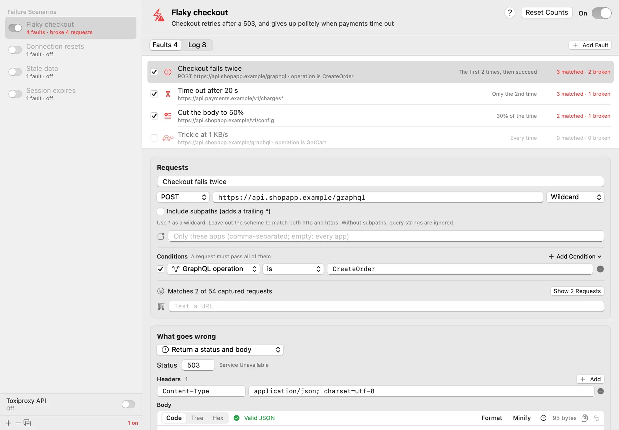 The Failure Scenarios window. Flaky checkout is on, with four faults: Checkout fails twice (POST api.shopapp.example/graphql, operation is CreateOrder, the first 2 times then succeed, 3 matched and 2 broken), Time out after 20 s on the payments API only the 2nd time, Cut the body to 50% on /v1/config 30% of the time, and Trickle at 1 KB/s turned off. Below, the selected fault's editor.