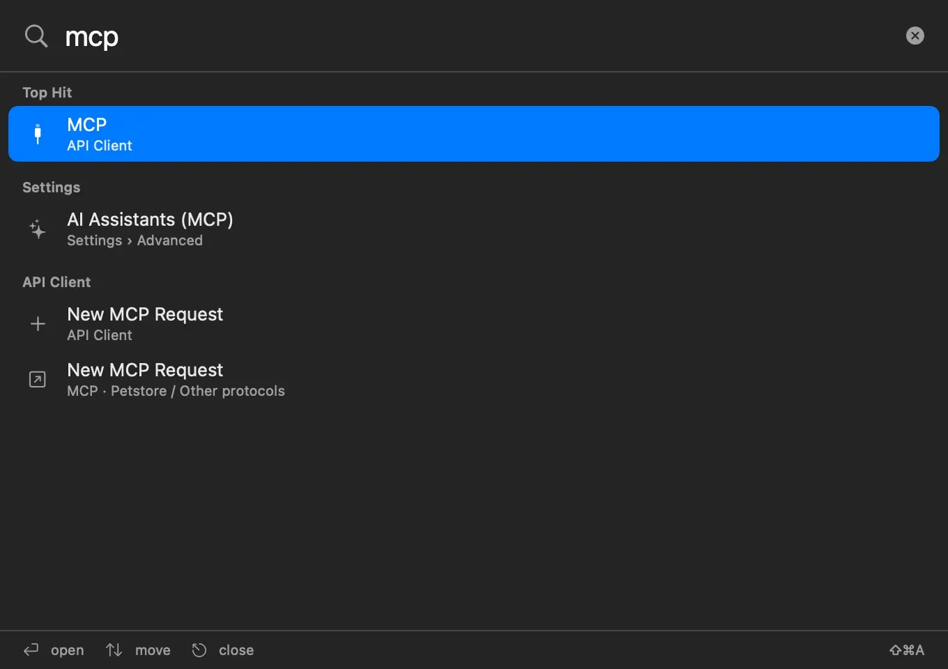 Search Everything with the query mcp: MCP in the API Client as the top hit, AI Assistants (MCP) under Settings › Advanced, and New MCP Request entries