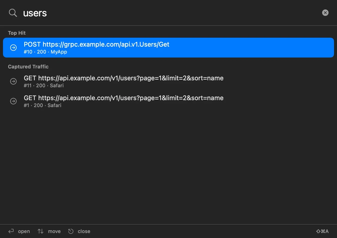Search Everything with the query users: a Top Hit for POST https://grpc.example.com/api.v1.Users/Get, request 10, status 200, MyApp, and two GET requests to api.example.com/v1/users under Captured Traffic