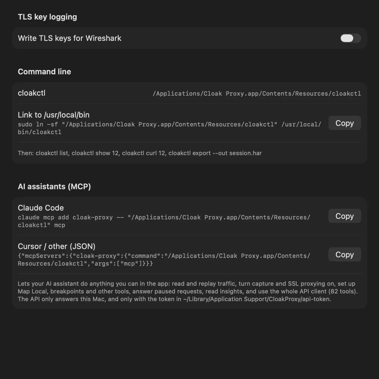 Settings, Advanced page: Write TLS keys for Wireshark toggle, the Command line section with the cloakctl path and a Link to /usr/local/bin command, and AI assistants (MCP) with Claude Code and Cursor / other (JSON) commands