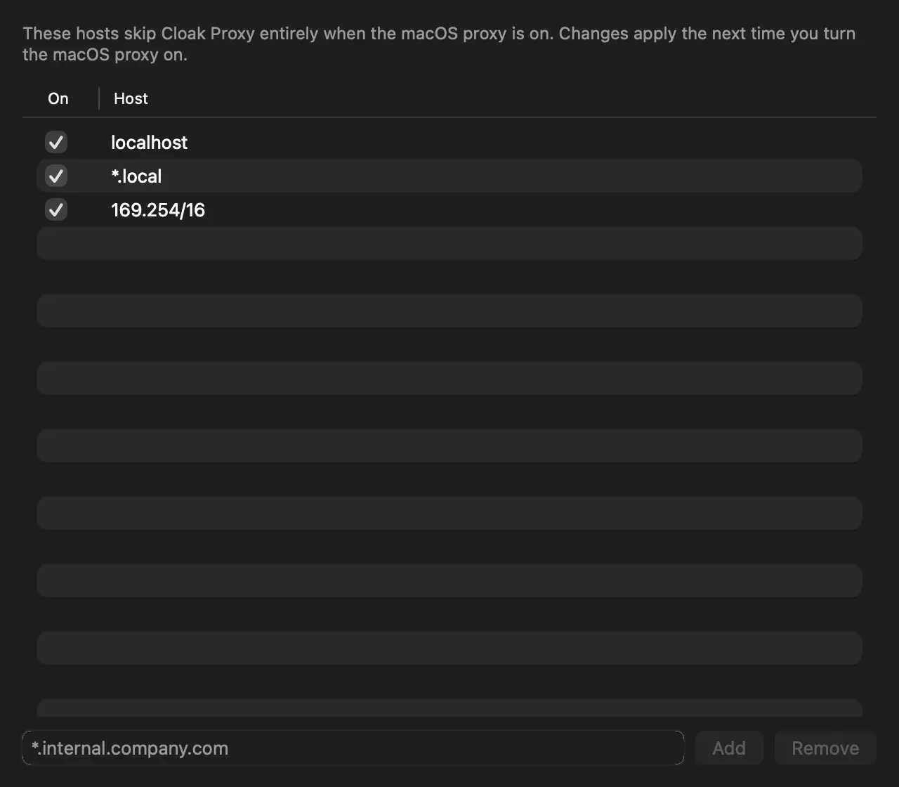 Settings, Bypass page: localhost, *.local and 169.254/16 checked in the list, and a field with the placeholder *.internal.company.com