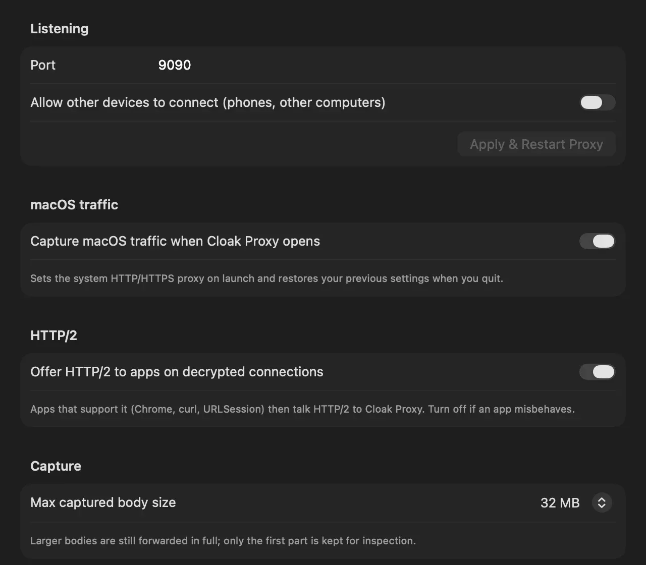 Settings, General page: Listening section with Port 9090, the Allow other devices to connect toggle and an Apply & Restart Proxy button; macOS traffic, HTTP/2 and Capture sections