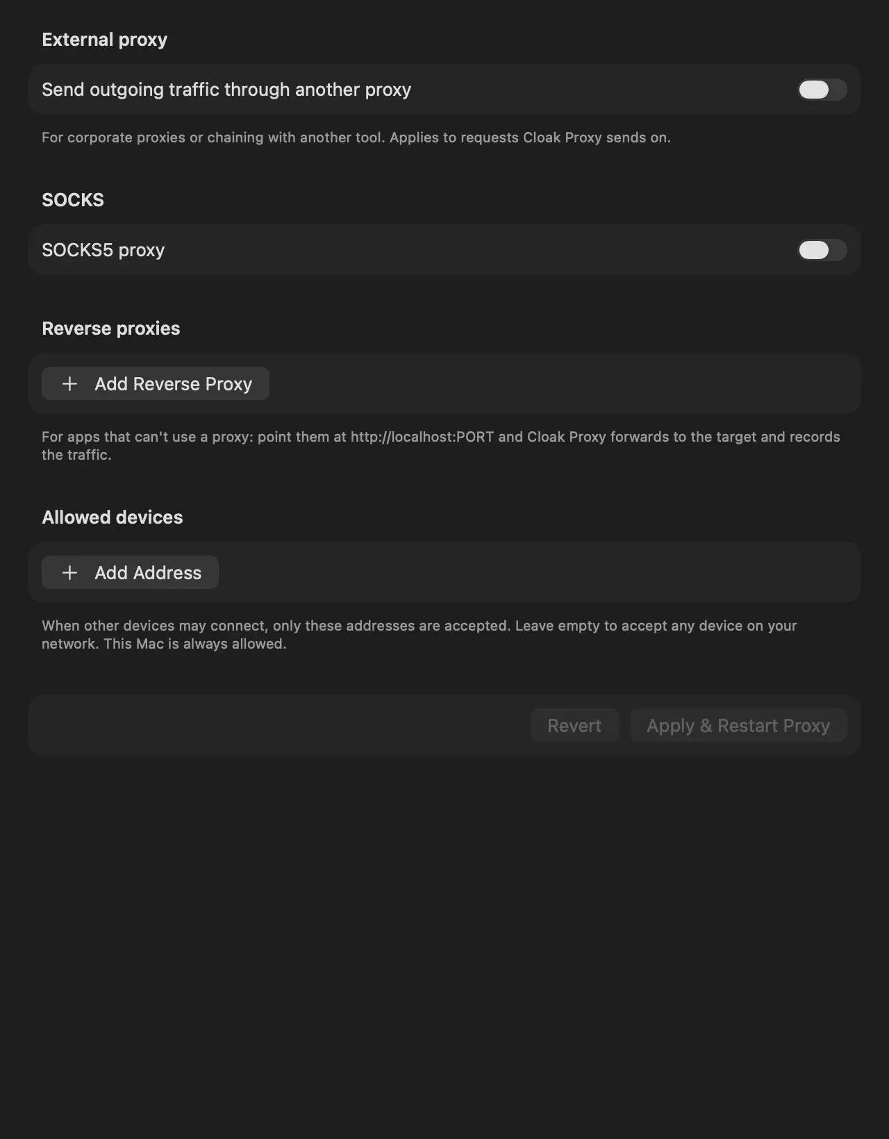 Settings, Network page: External proxy and SOCKS5 proxy toggles off, Add Reverse Proxy and Add Address buttons, and Revert and Apply & Restart Proxy buttons