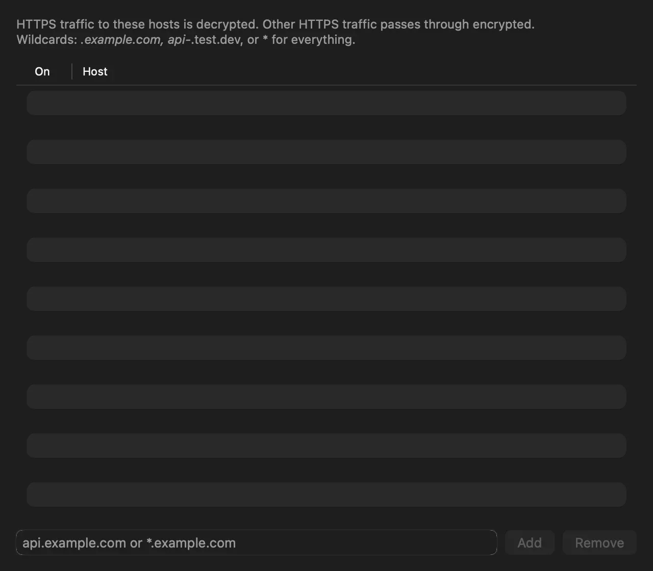 Settings, SSL Proxying page: an empty list with On and Host columns, and a field with the placeholder api.example.com or *.example.com, with Add and Remove buttons