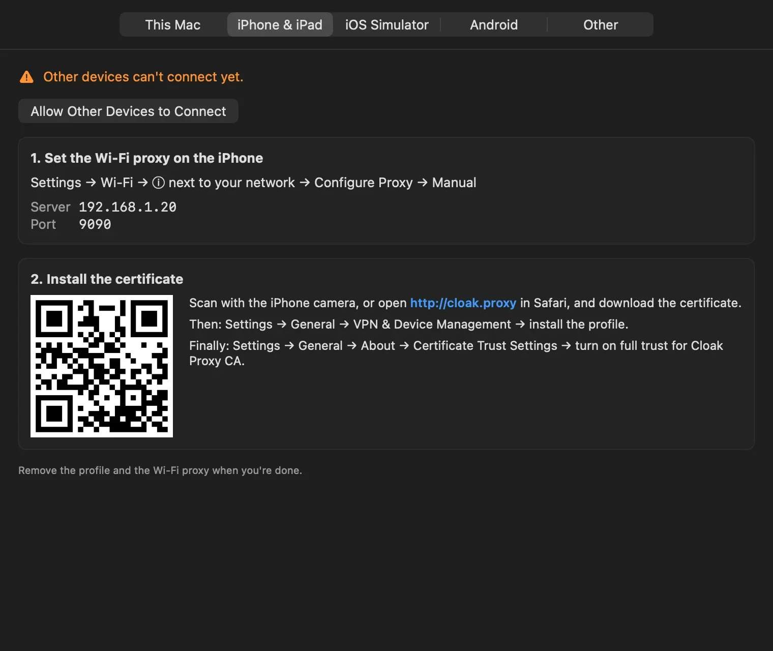 The iPhone and iPad device setup tab with Wi-Fi proxy details, a QR code, and certificate trust steps