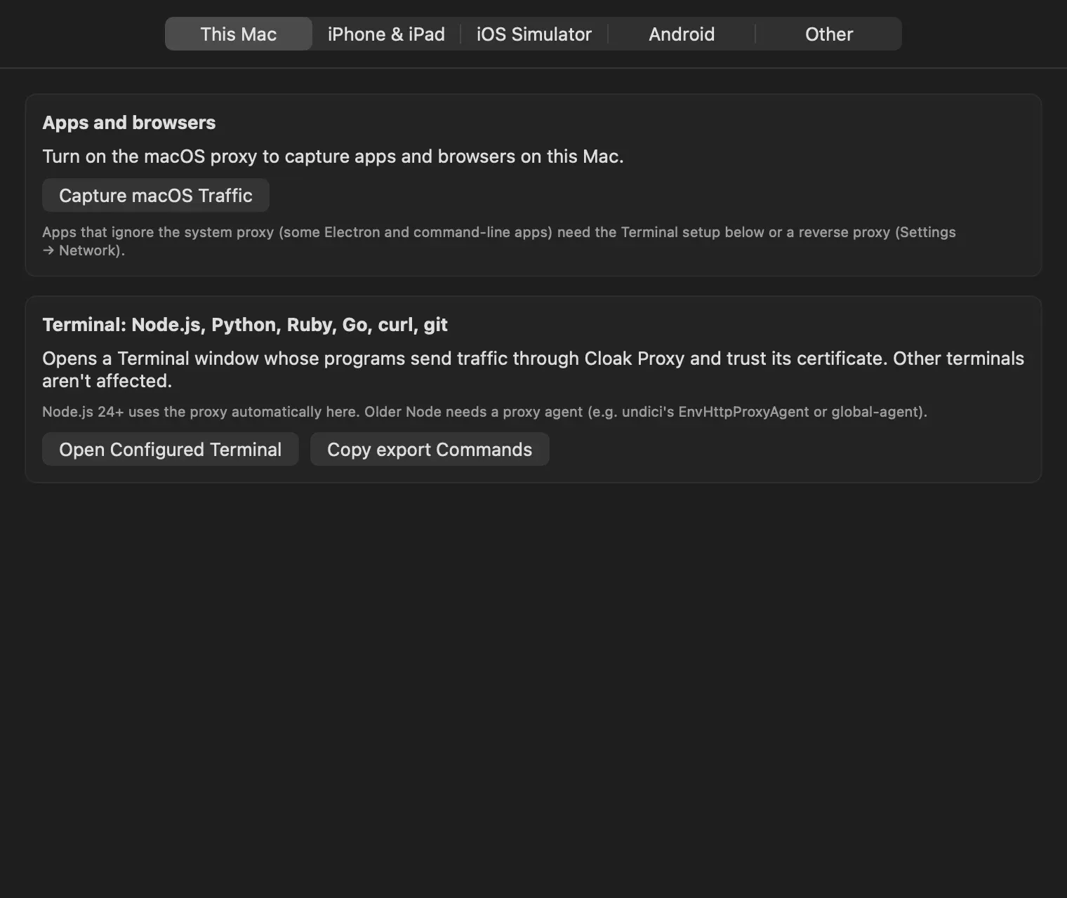 The Device & Runtime Setup window on the This Mac tab, with a Capture macOS Traffic button and a Terminal section with Open Configured Terminal and Copy export Commands buttons