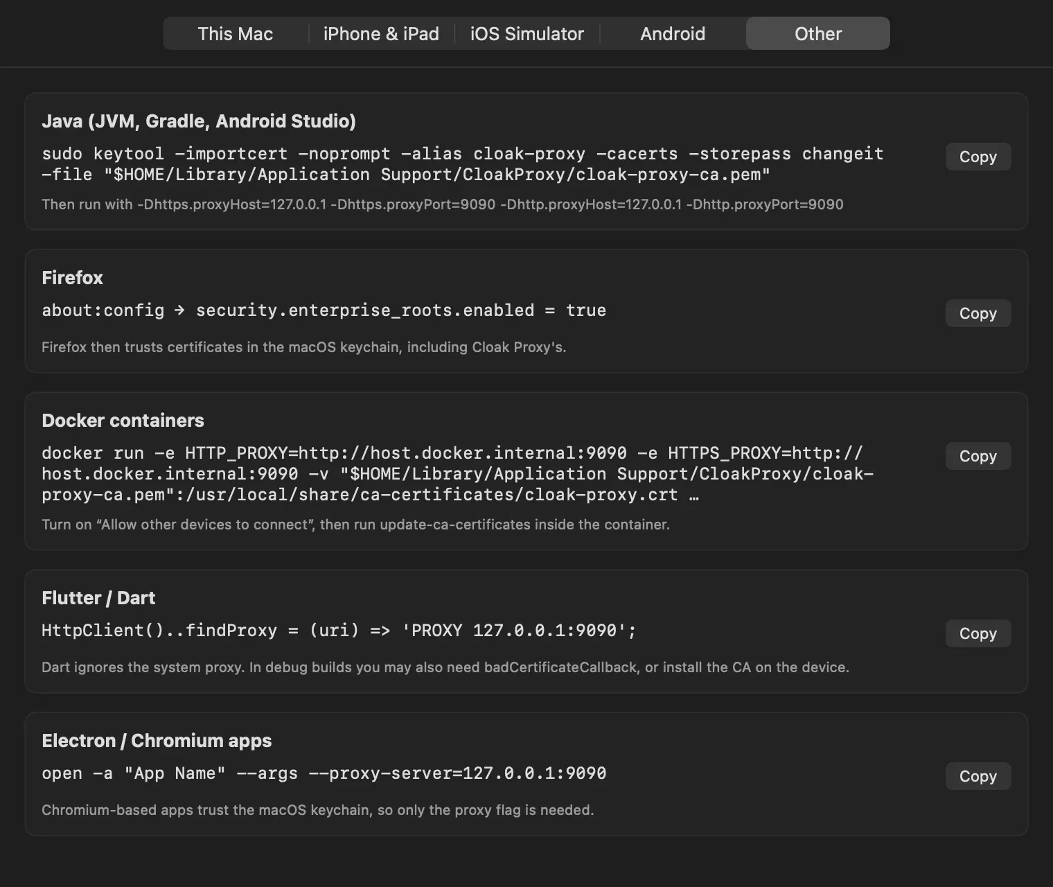 The Other tab with sections for Java, Firefox, Docker containers, Flutter / Dart and Electron / Chromium apps, each with a command and a Copy button