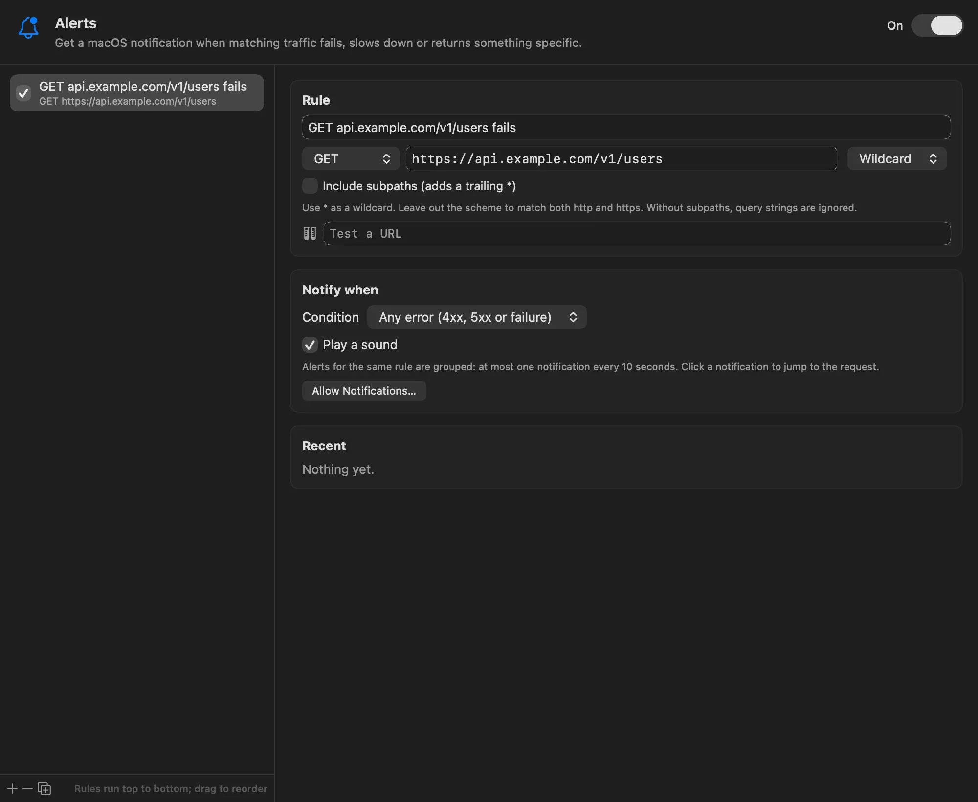 An Alerts rule named GET api.example.com/v1/users fails, with the condition Any error (4xx, 5xx or failure), Play a sound checked, and an empty Recent section