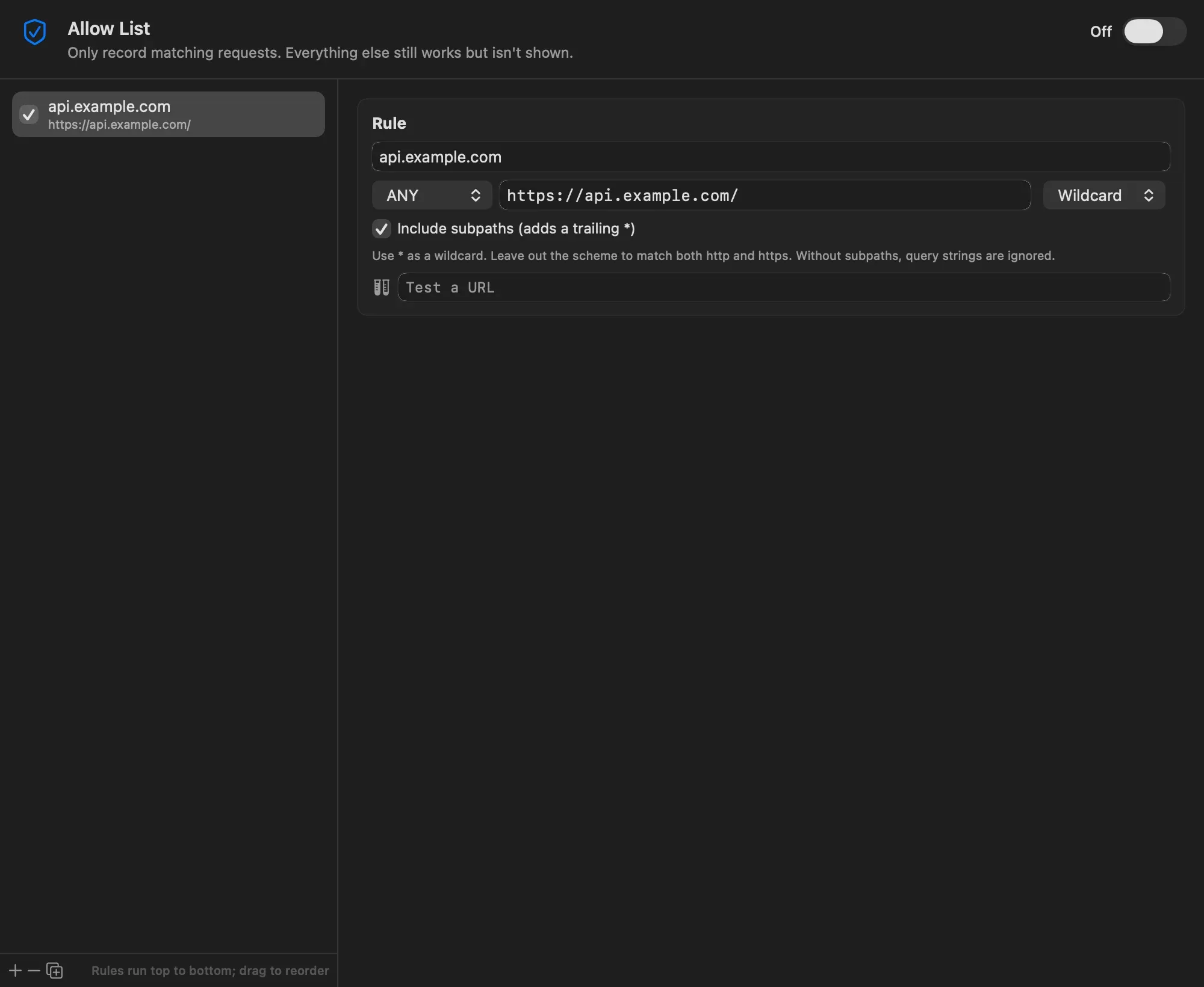 The Allow List tool, switched off, with one rule named api.example.com matching any method on https://api.example.com/ with subpaths