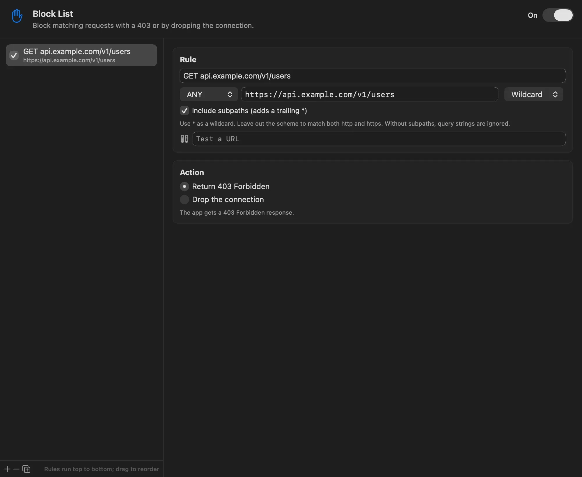 A Block List rule matching any method on https://api.example.com/v1/users with subpaths, and the Action section with Return 403 Forbidden selected