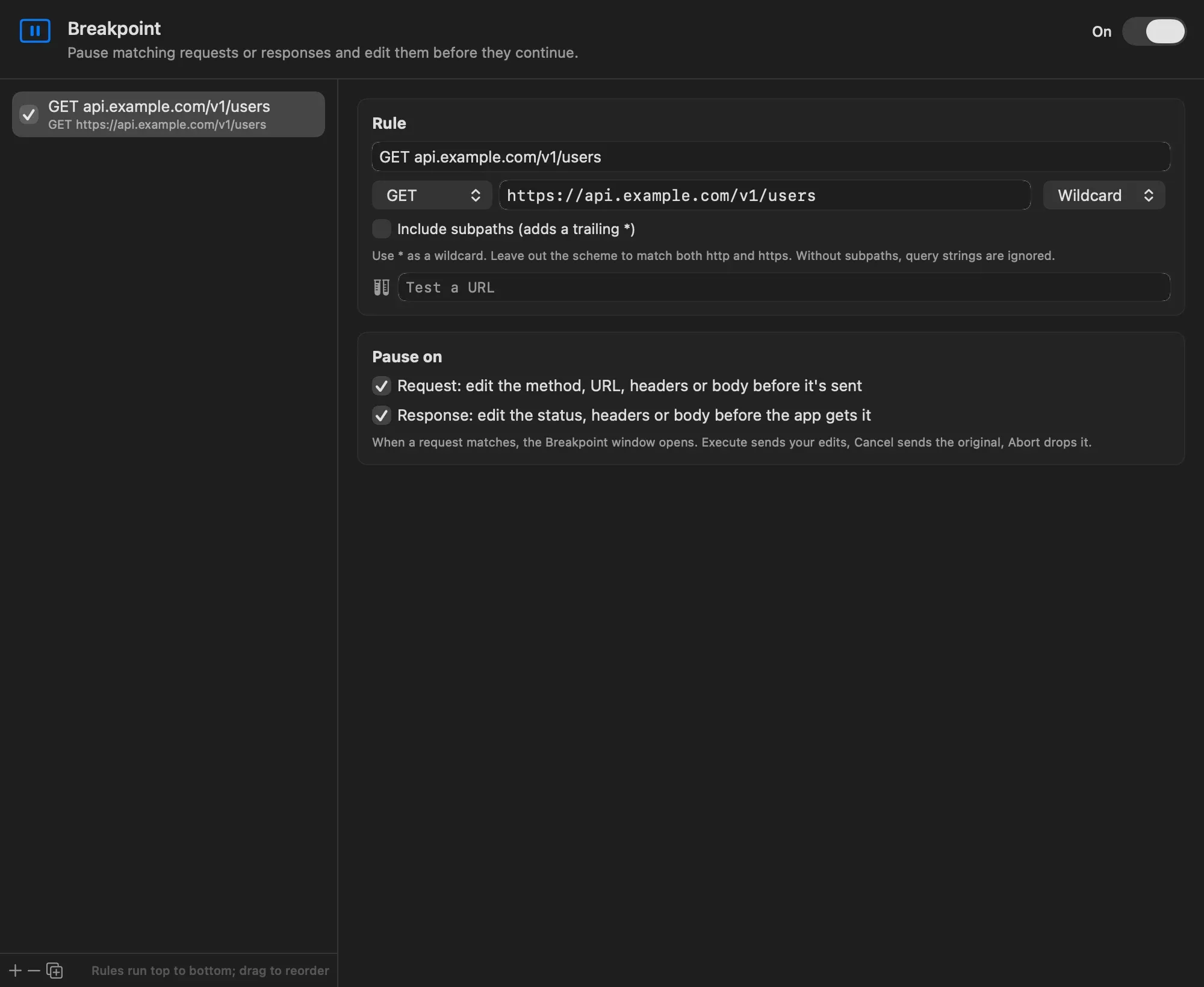 The Breakpoint tool with a rule matching GET api.example.com/v1/users and Pause on Request and Response checkboxes