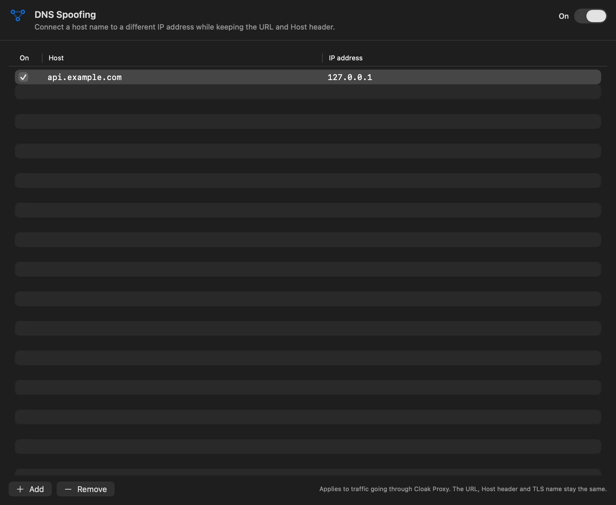 The DNS Spoofing table with one enabled row sending api.example.com to 127.0.0.1
