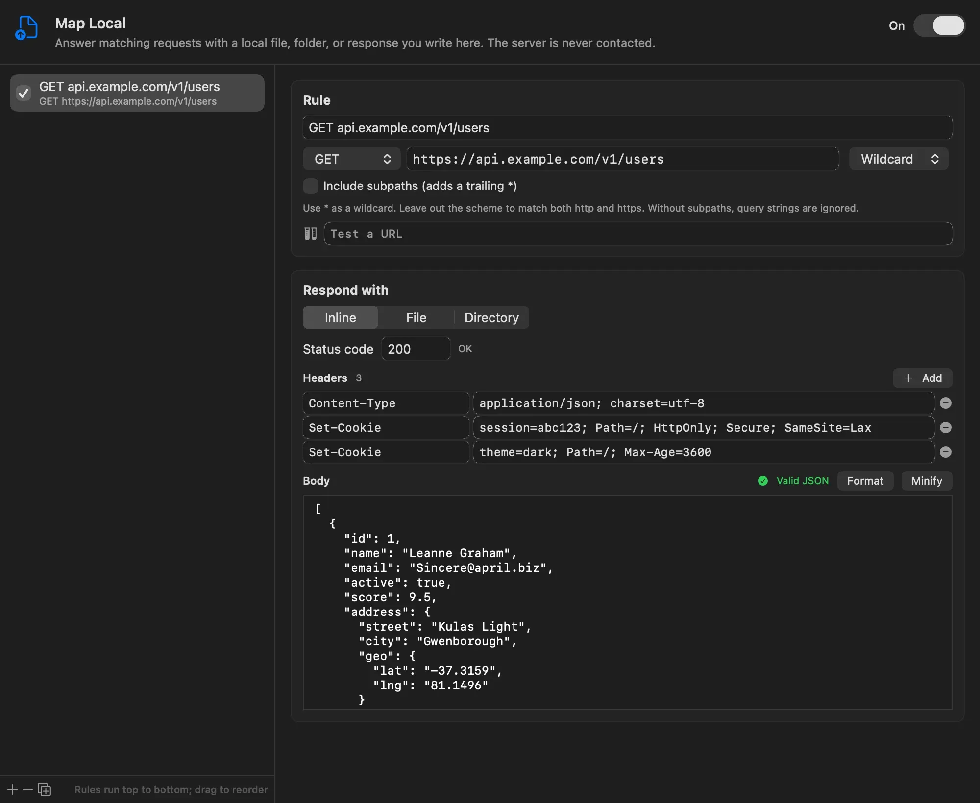 A Map Local rule for GET https://api.example.com/v1/users responding inline with status 200, three headers and a pretty-printed JSON body