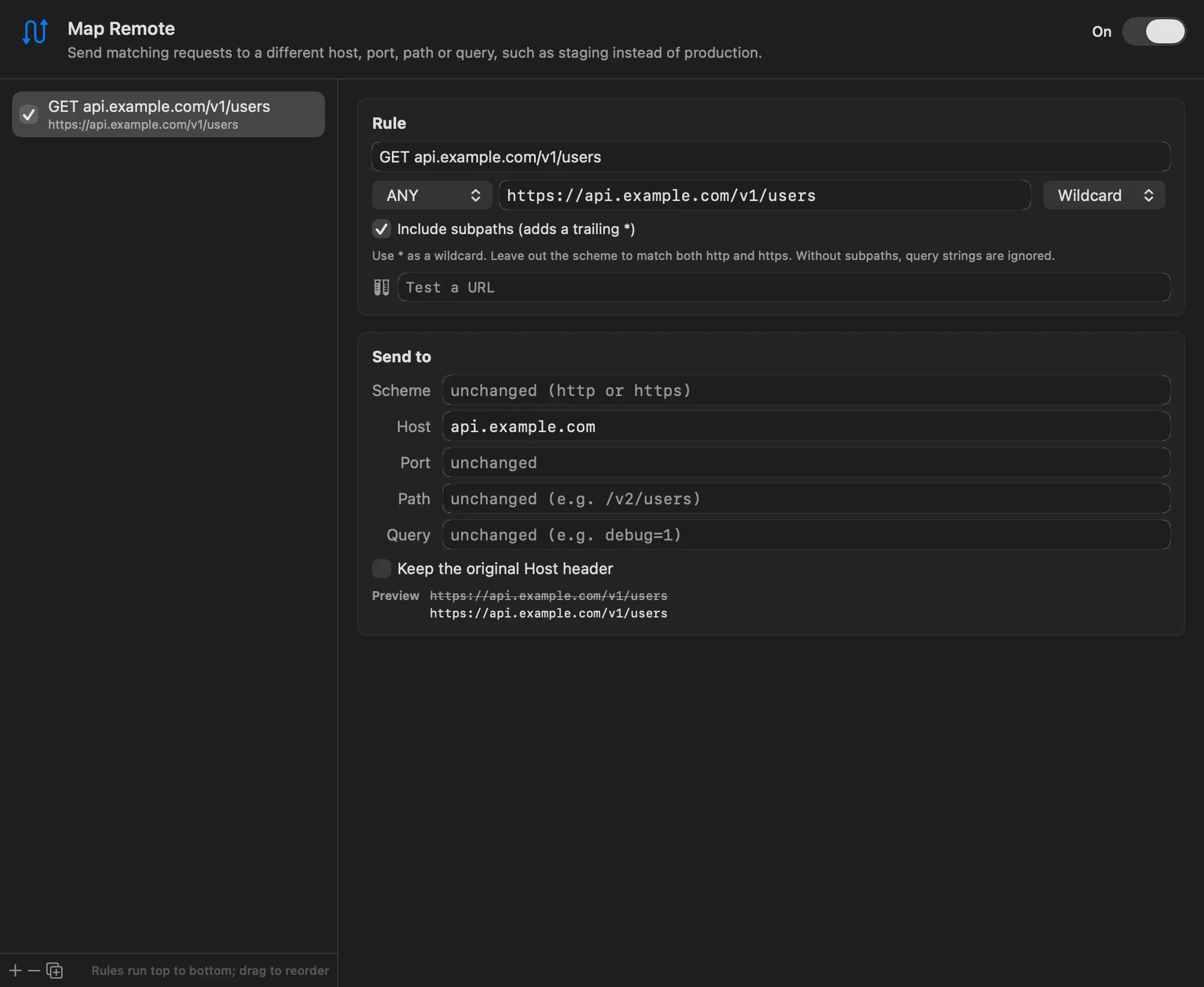 A Map Remote rule matching any method on https://api.example.com/v1/users with subpaths, the Send to fields and a preview of the rewritten URL