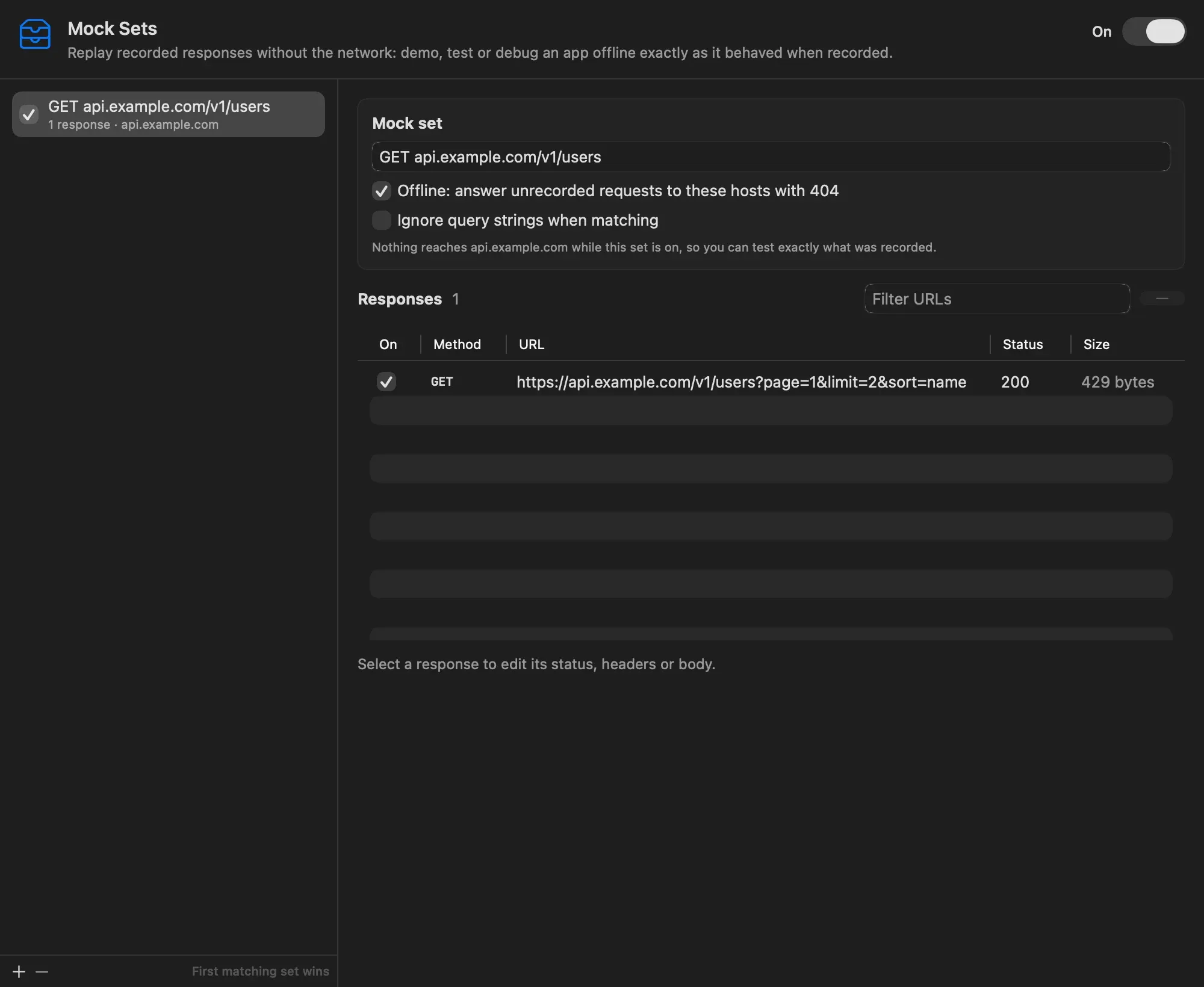 The Mock Sets tool with one set holding a single 200 response for GET api.example.com/v1/users, Offline mode on and Ignore query strings off