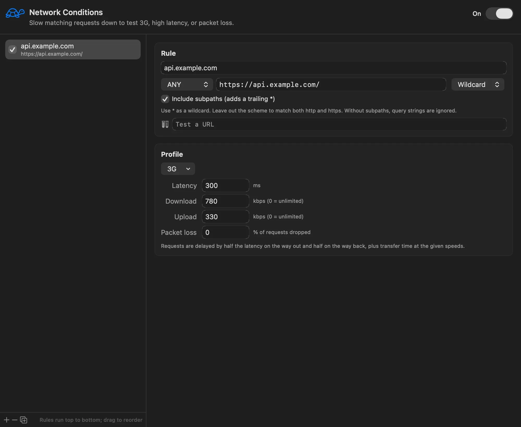 A Network Conditions rule for api.example.com using the 3G profile: latency 300 ms, download 780 kbps, upload 330 kbps, packet loss 0